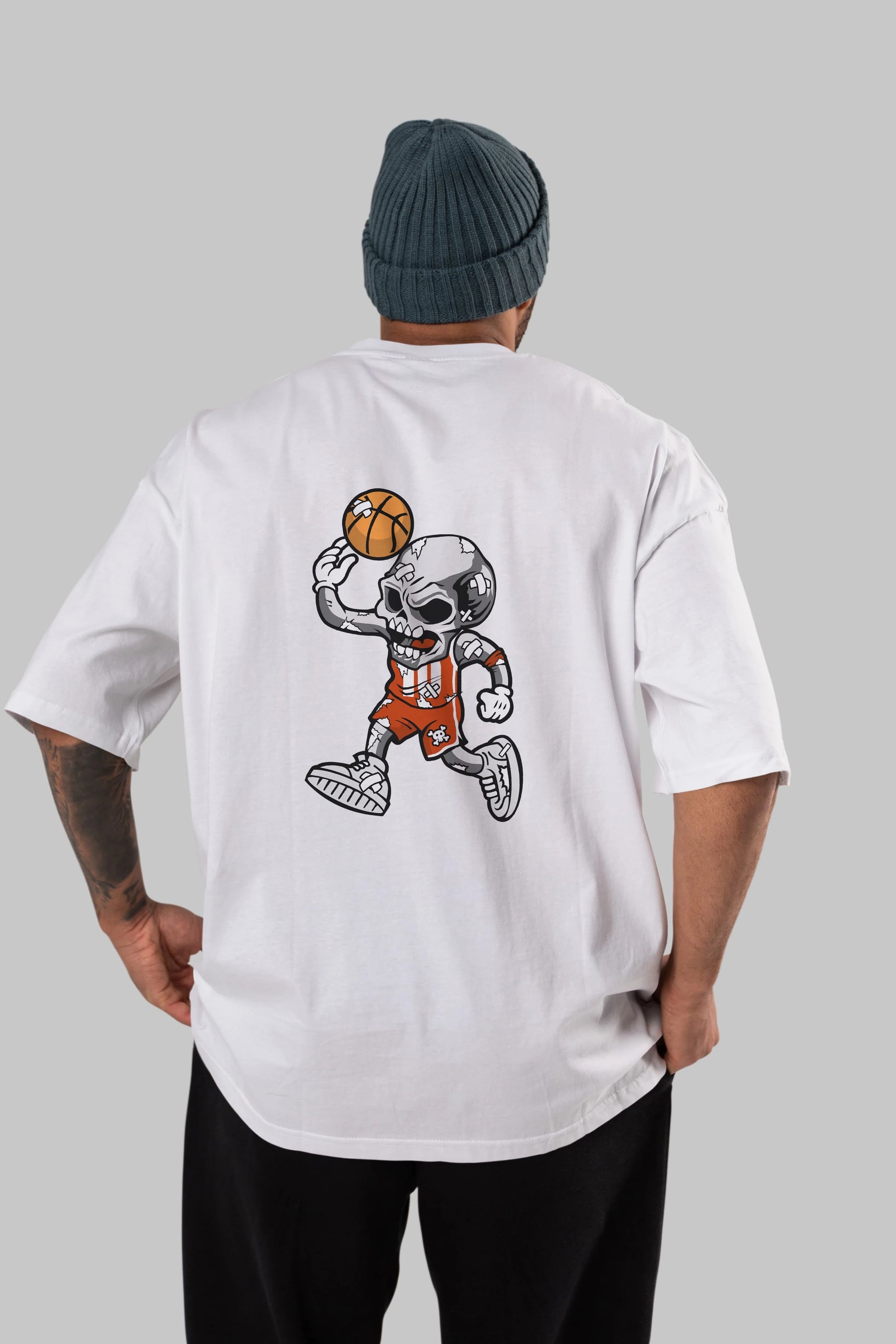 Skull Basketball Arka Baskılı Oversize t-shirt Erkek Kadın Unisex %100 Pamuk tişort