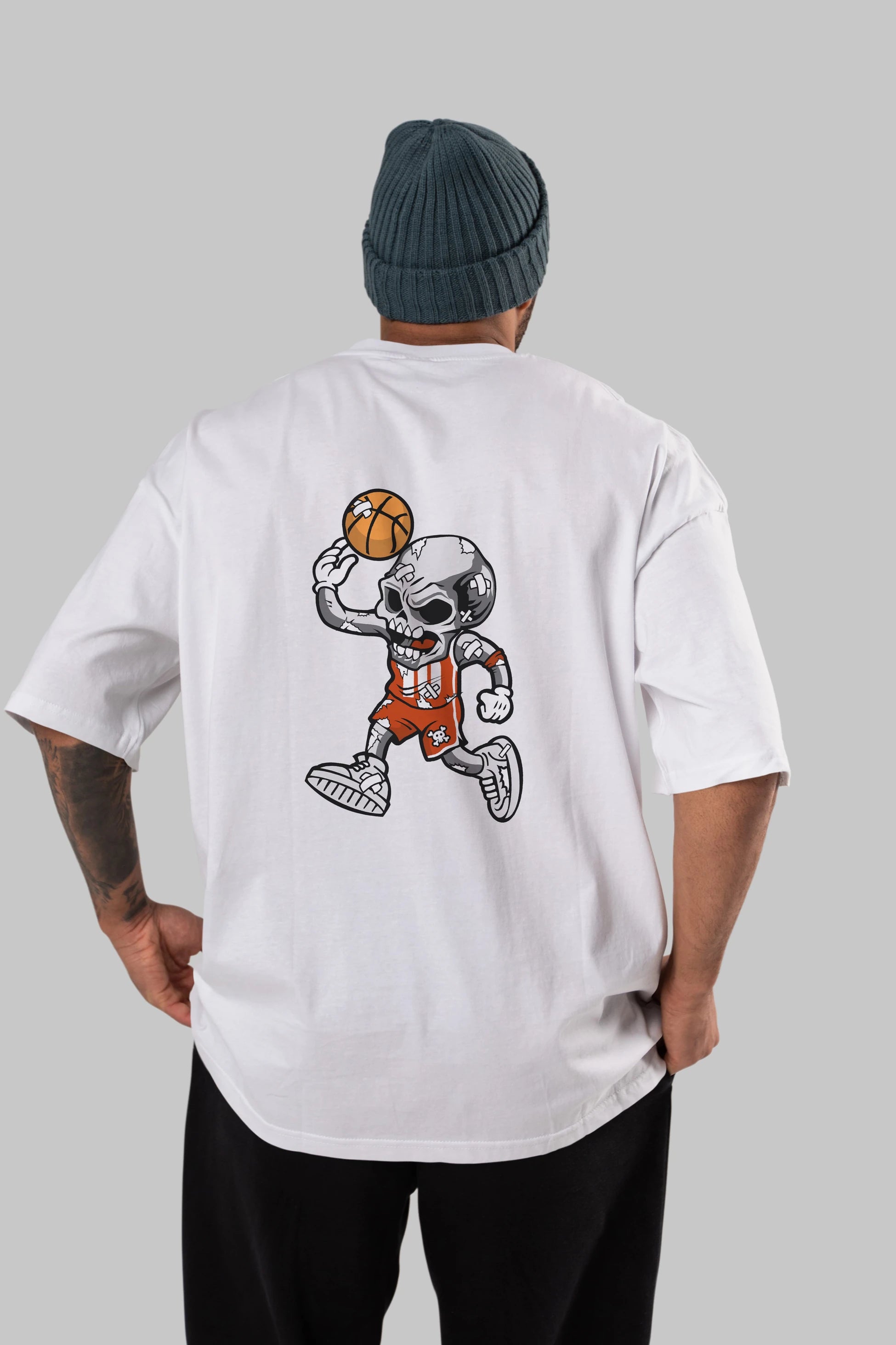 Skull Basketball Arka Baskılı Oversize t-shirt Erkek Kadın Unisex %100 Pamuk tişort