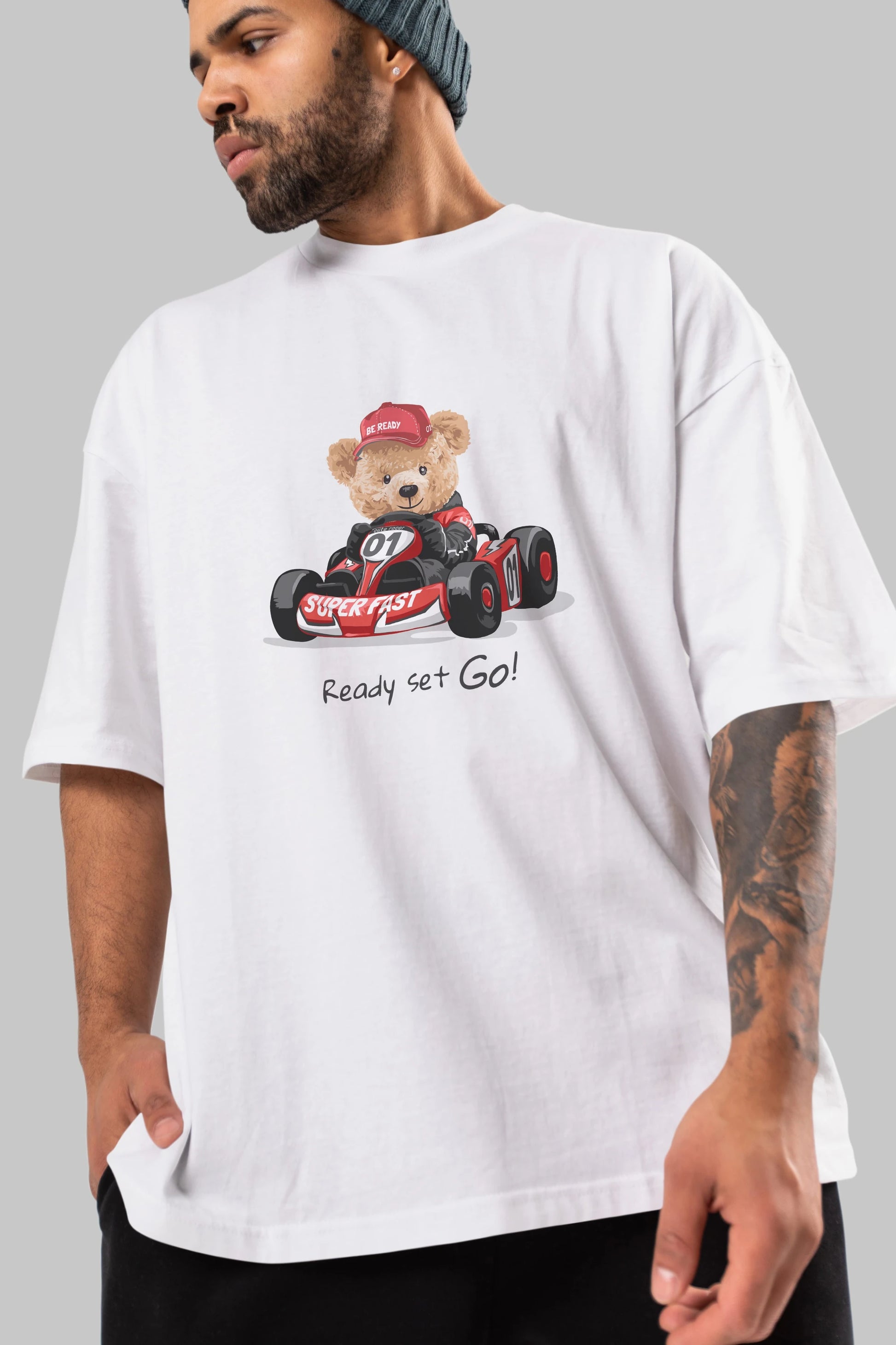 Teddy Bear Ready Set Go Ön Baskılı Oversize t-shirt Erkek Kadın Unisex %100 Pamuk