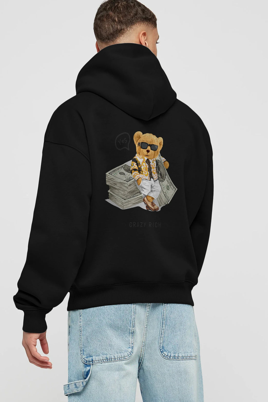 Teddy Bear Crazy Rich Arka Baskılı Hoodie Oversize Kapüşonlu Sweatshirt Erkek Kadın Unisex