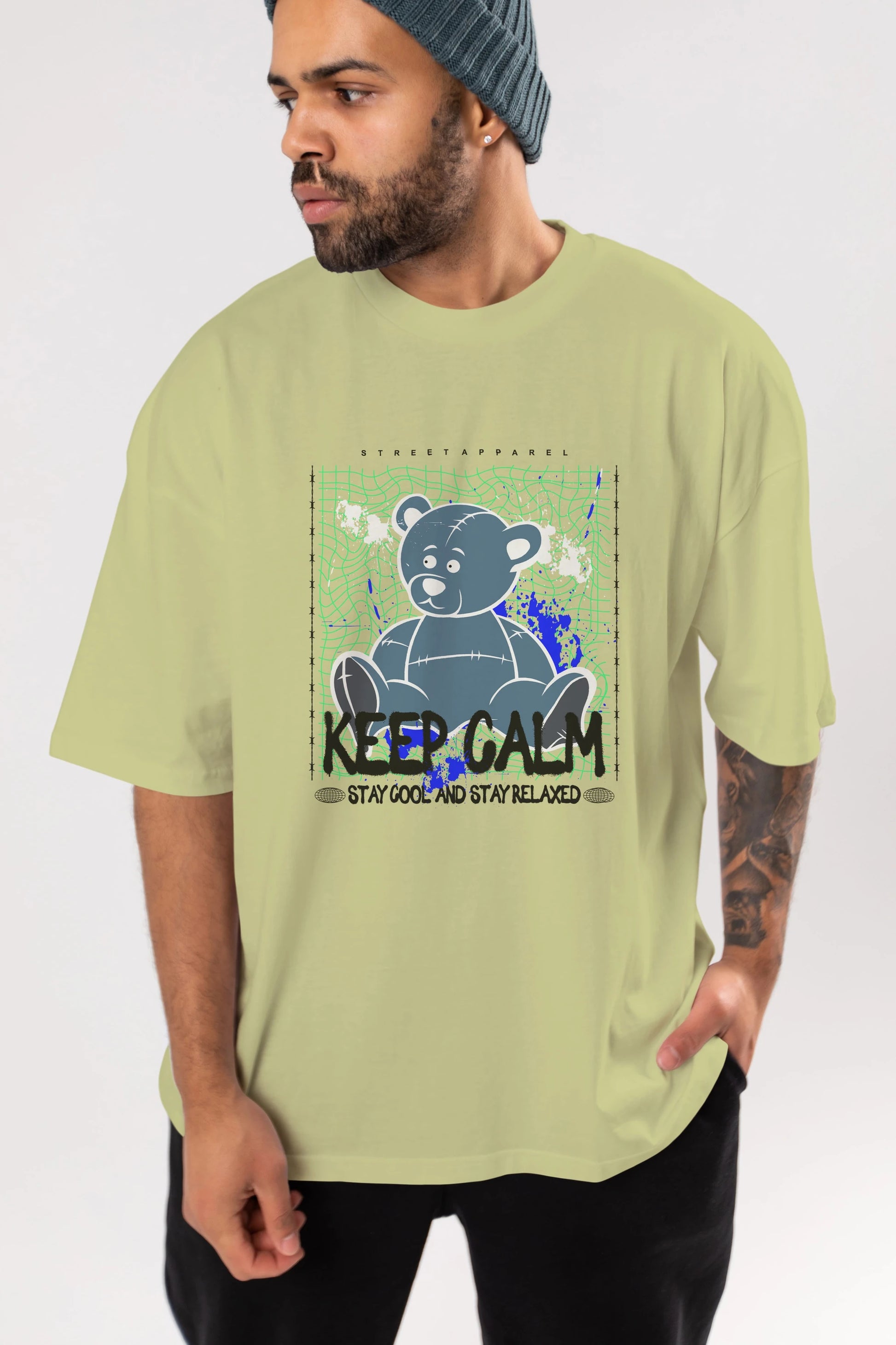 Keep Calm Bear Ön Baskılı Oversize t-shirt Erkek Kadın Unisex