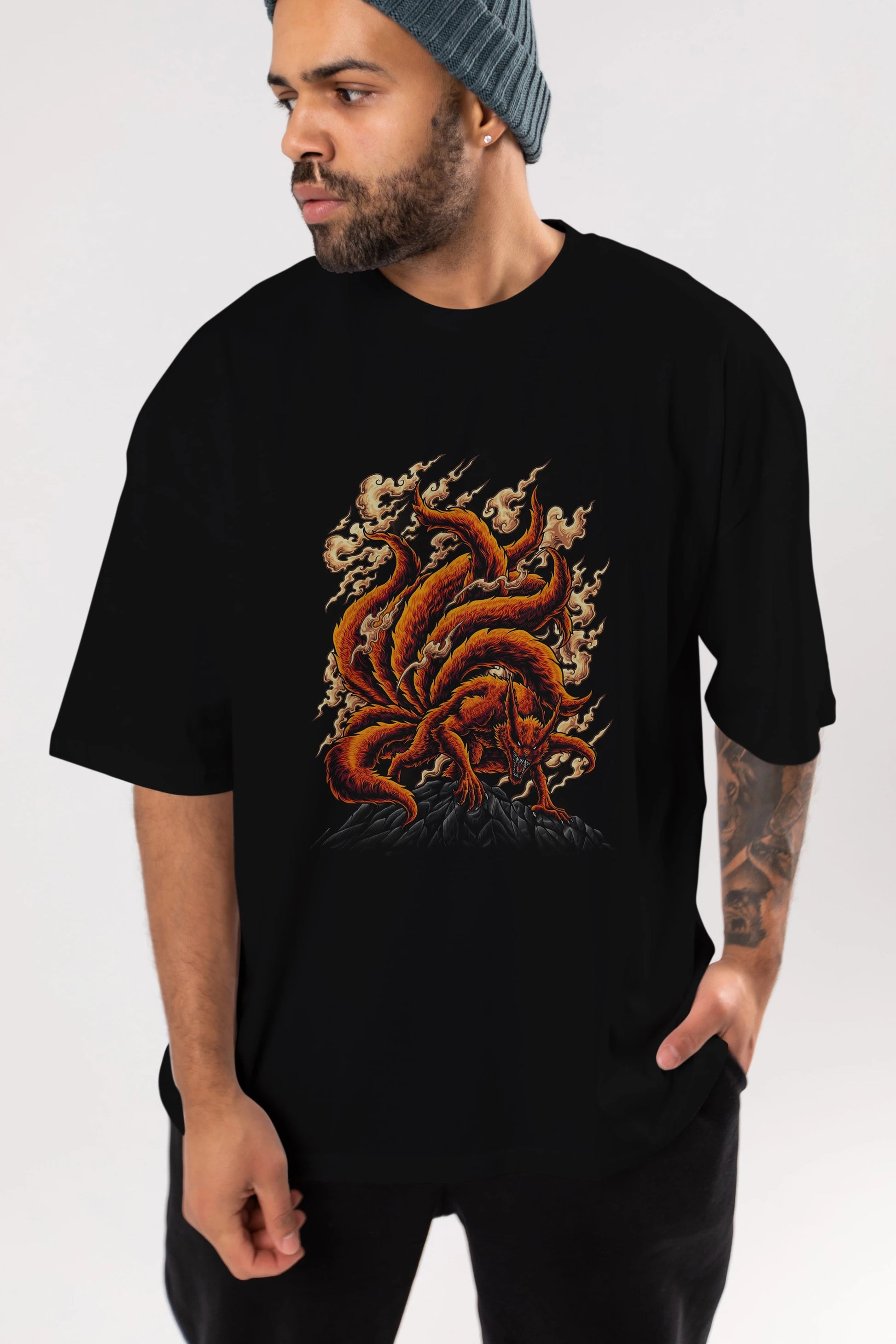 NARUTO KYUUBI Anime Ön Baskılı Oversize t-shirt %100 pamuk Erkek Kadın Unisex