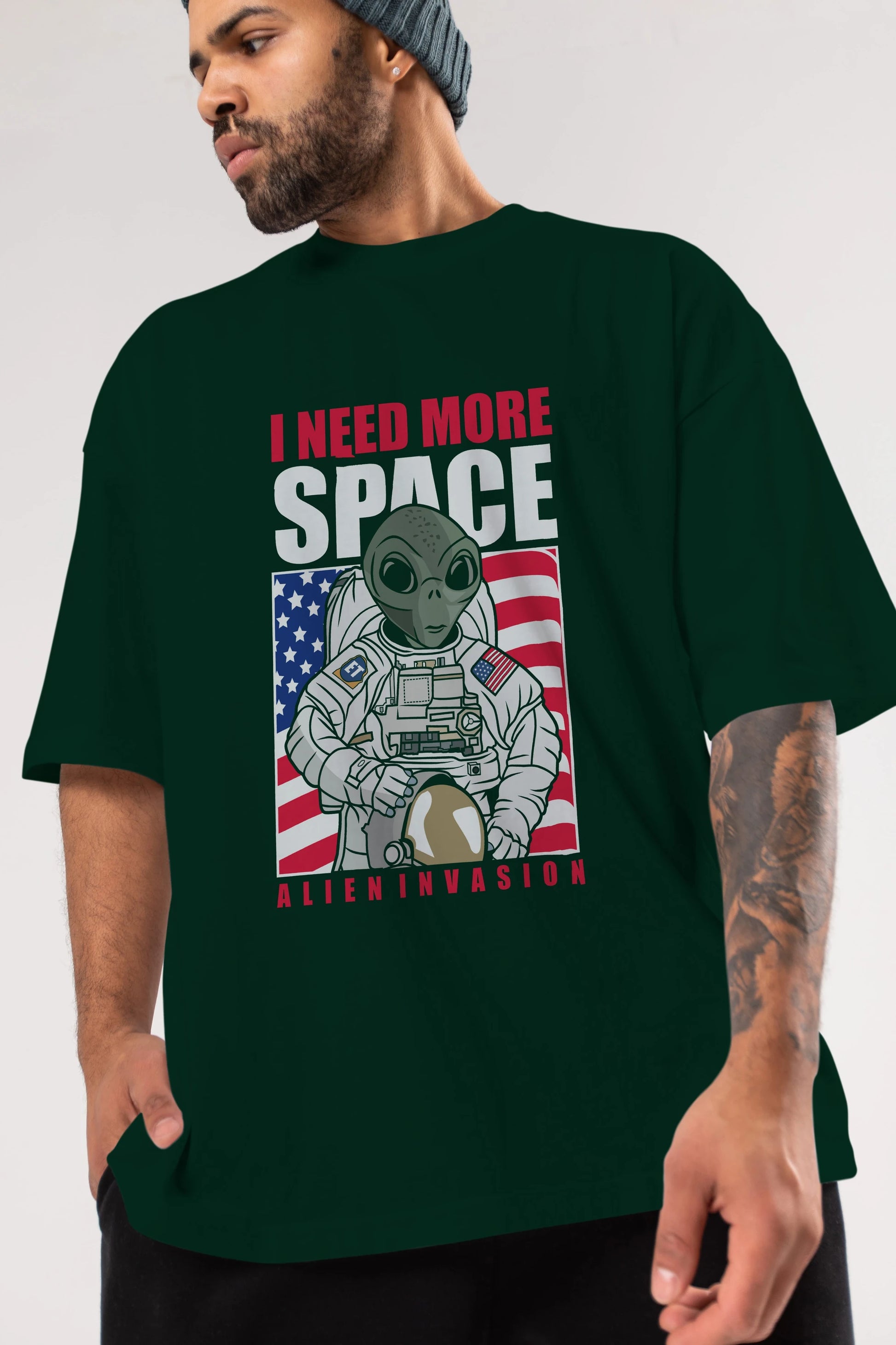 Alien Astronaut Ön Baskılı Oversize t-shirt Erkek Kadın Unisex %100 Pamuk tişort