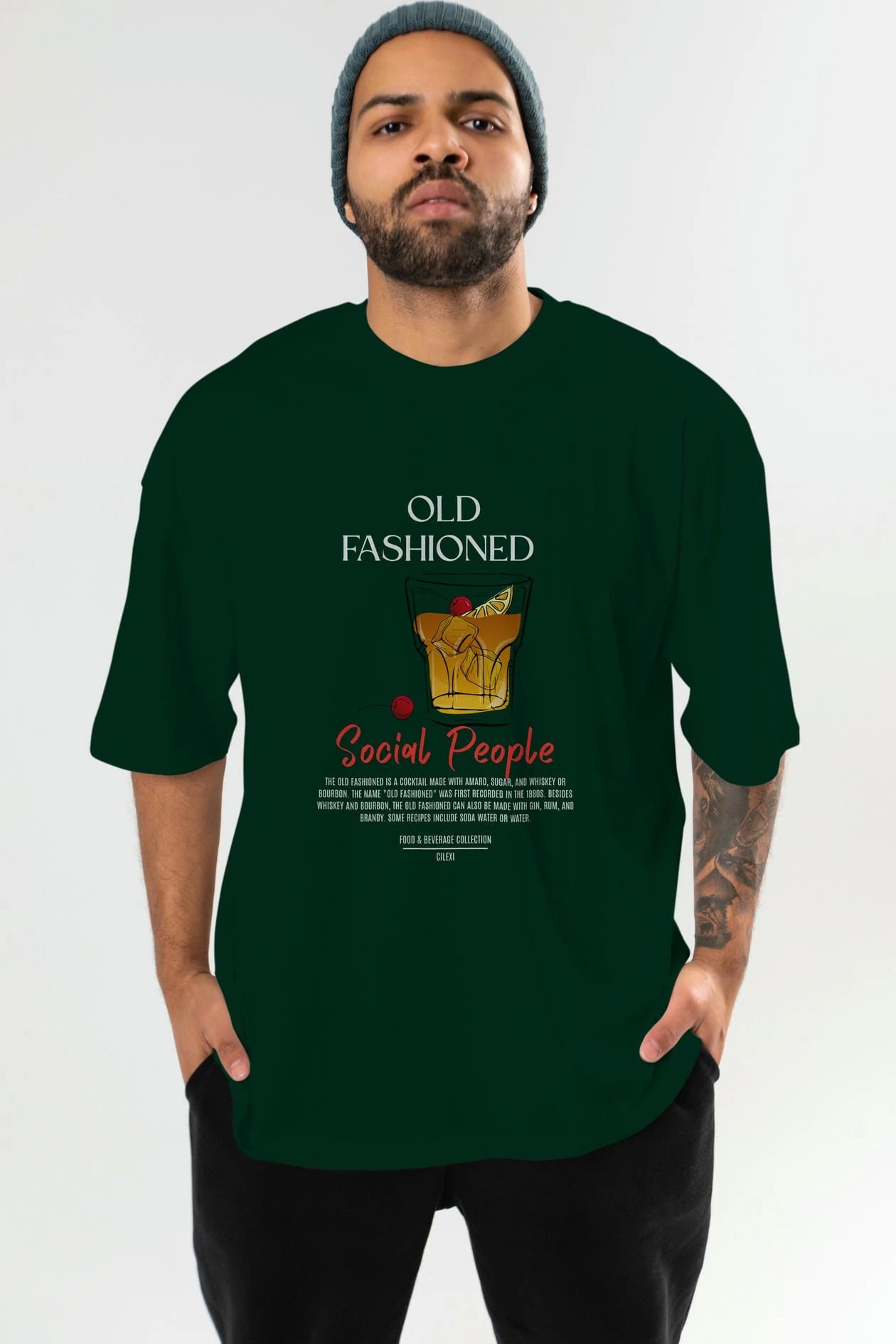 Old Fashıoned Kokteyl Serisi ön Baskılı Oversize t-shirt Erkek Kadın %100 Pamuk Bisiklet Yaka tişort