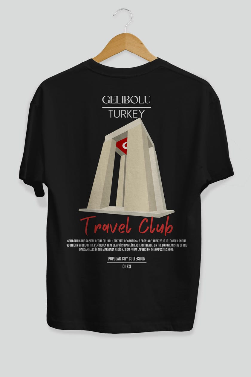 Gelibolu Turkey Arka Baskılı Oversize t-shirt Erkek Kadın Pamuk Bisiklet Yaka tişort