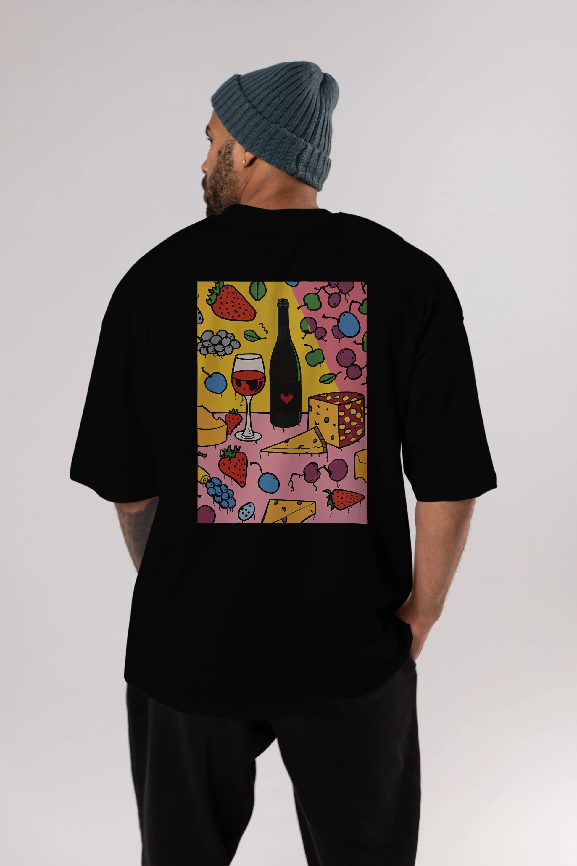 Wine Cheese Fruits Arka Baskılı Oversize t-shirt Erkek Kadın Unisex %100 Pamuk Bisiklet Yaka tişort