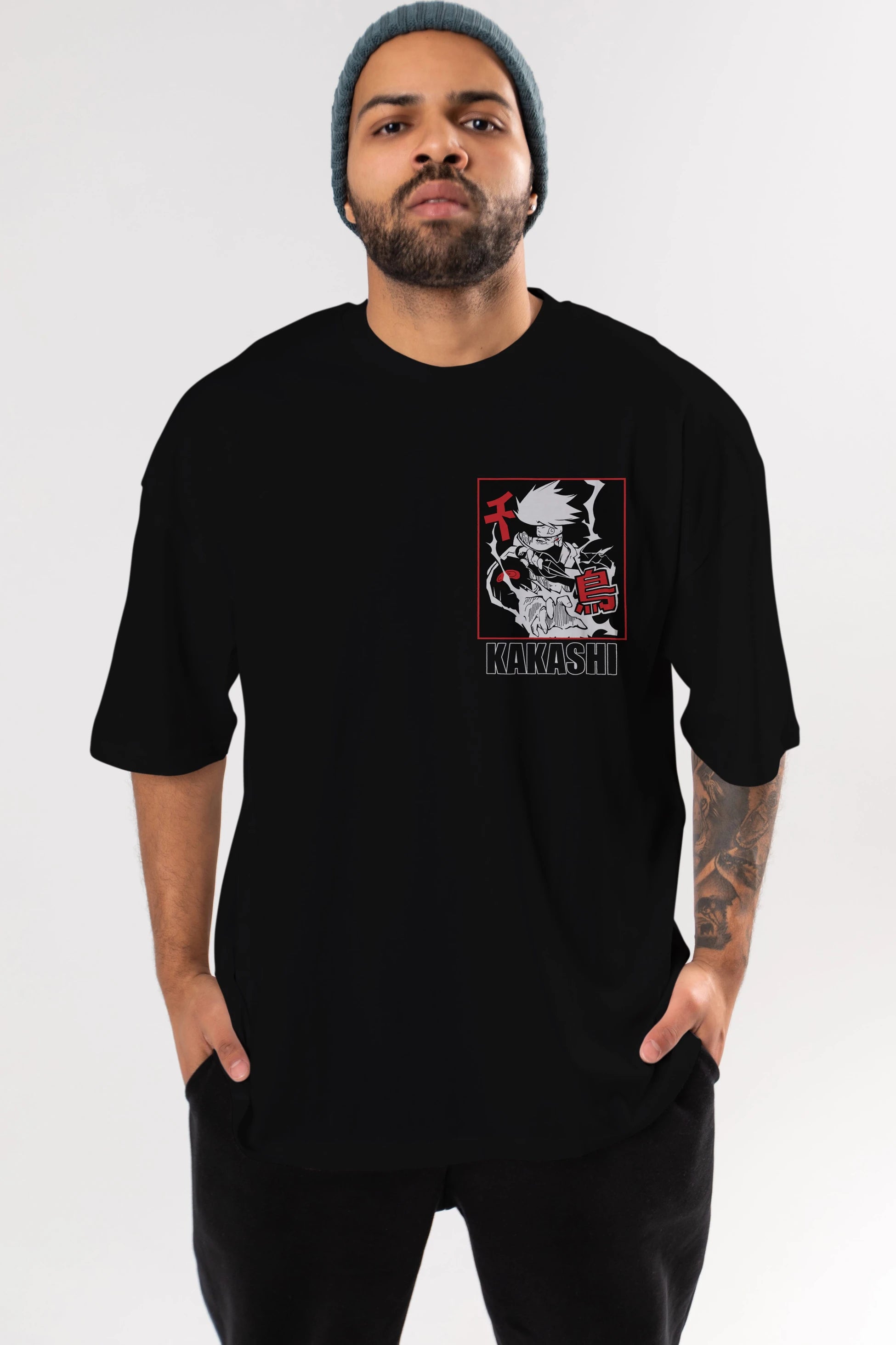 KAKASHI HATAKE NARUTO Ön Sol Baskılı Oversize t-shirt Erkek Kadın Unisex %100 Pamuk Bisiklet Yaka tişort