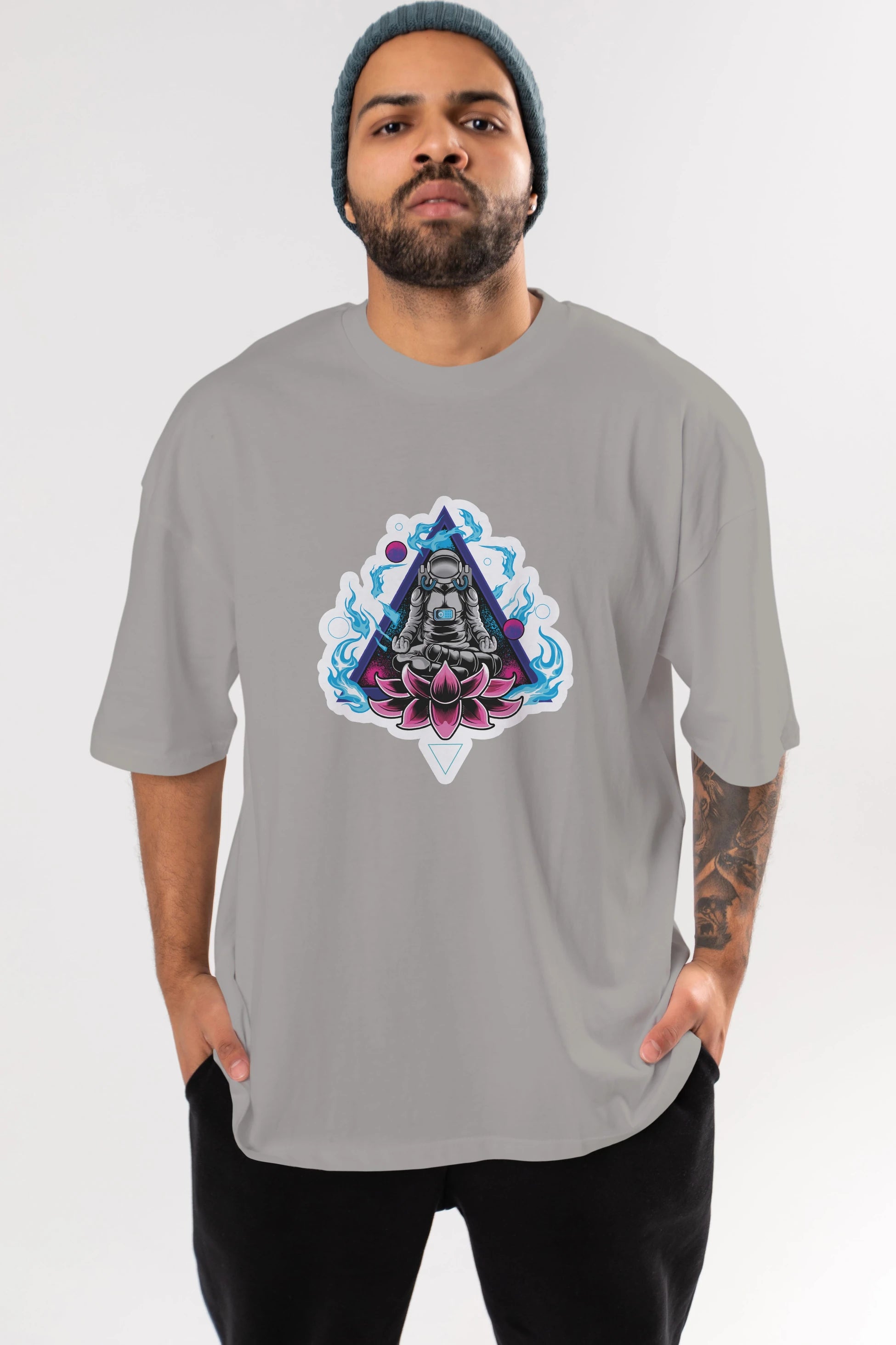 Astronaut Meditation Sticker Ön Baskılı Oversize t-shirt Erkek Kadın Unisex