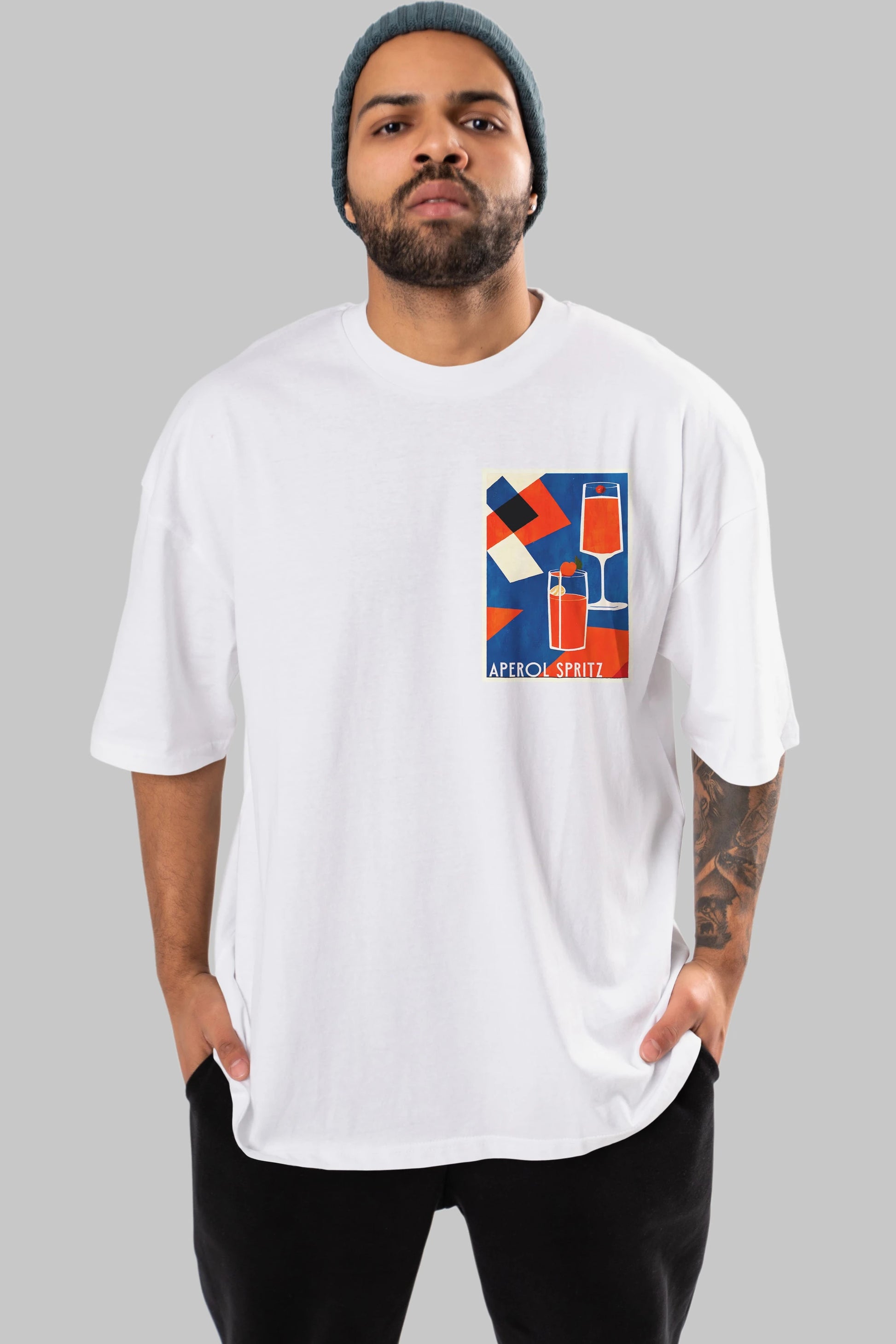 Aperol Spritz 4 Ön Sol Baskılı Oversize t-shirt Erkek Kadın Unisex %100 Pamuk Bisiklet Yaka tişort