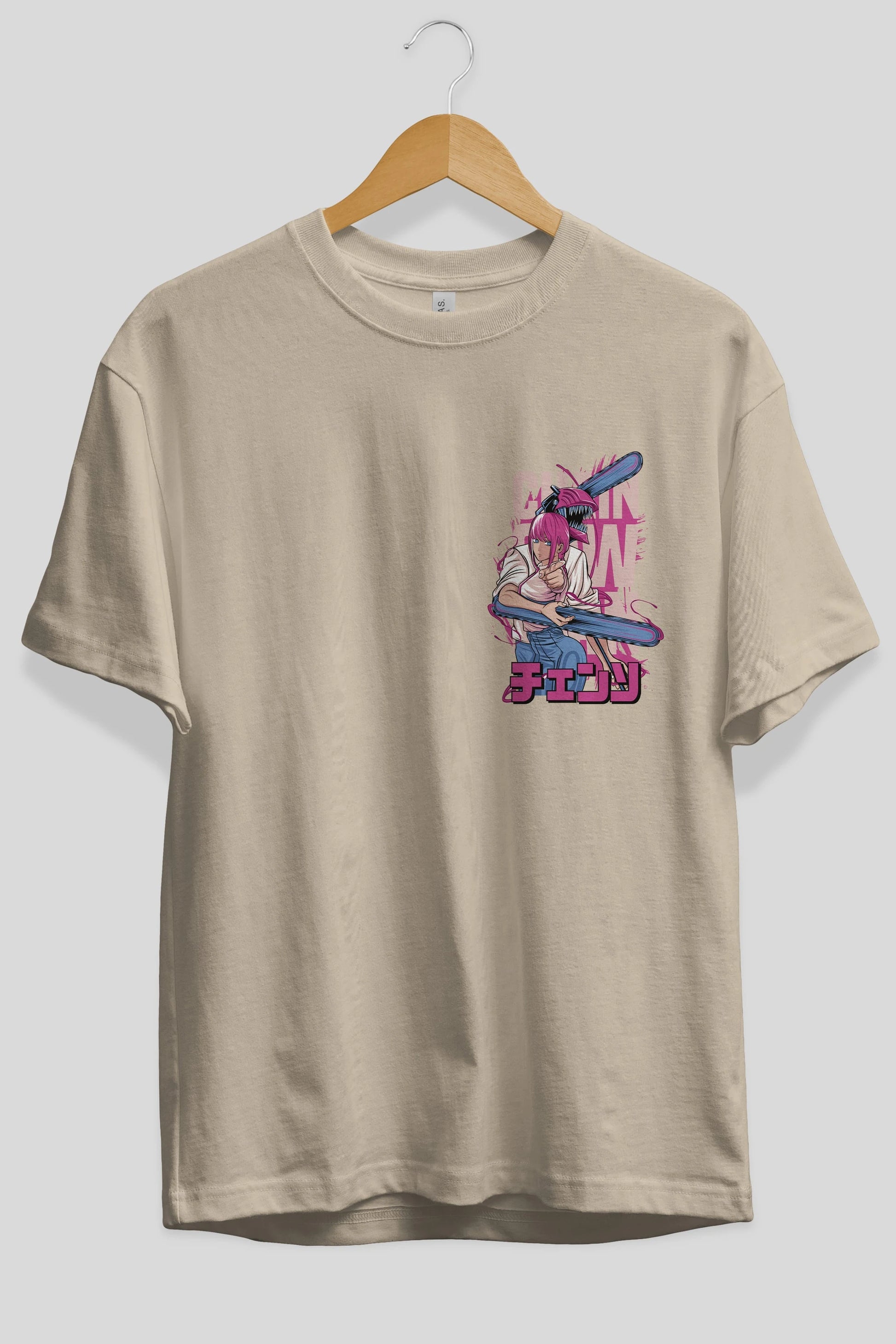 DENJI and MAKIMA Ön Sol Baskılı Oversize t-shirt Erkek Kadın Unisex %100 Pamuk Bisiklet Yaka tişort