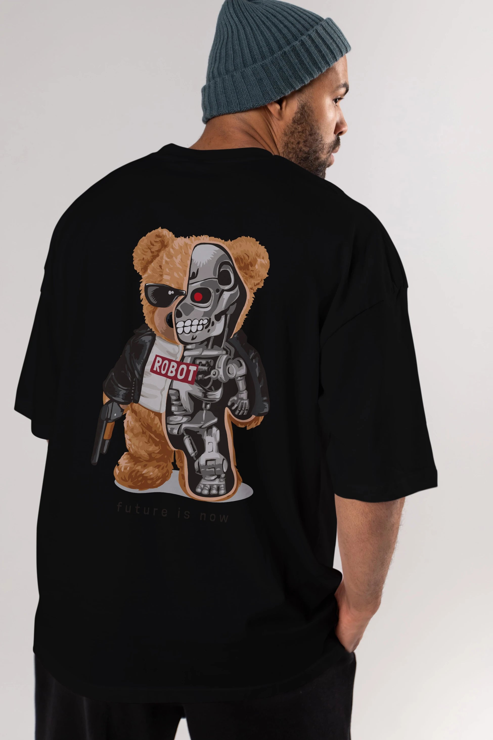 Teddy Bear Robot Arka Baskılı Oversize t-shirt Erkek Kadın Unisex %100 Pamuk