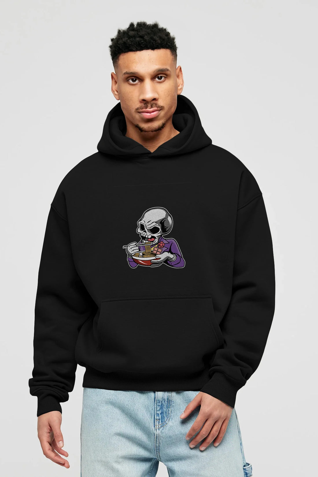 Skull Ramen Ön Baskılı Hoodie Oversize Kapüşonlu Sweatshirt Erkek Kadın Unisex