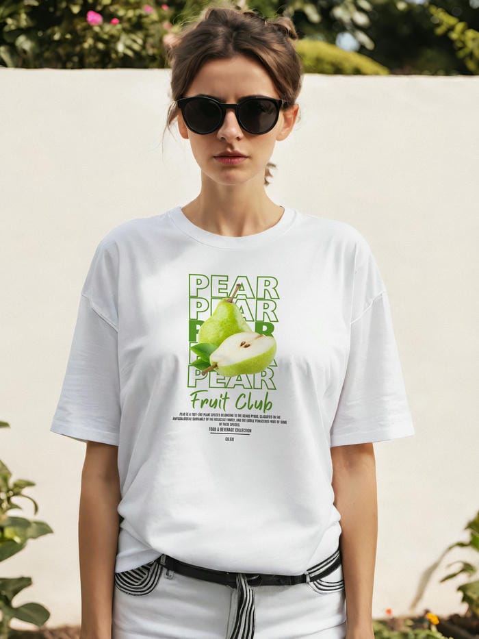 Pear Ön Baskılı Oversize t-shirt Erkek Kadın Pamuk Bisiklet Yaka tişort