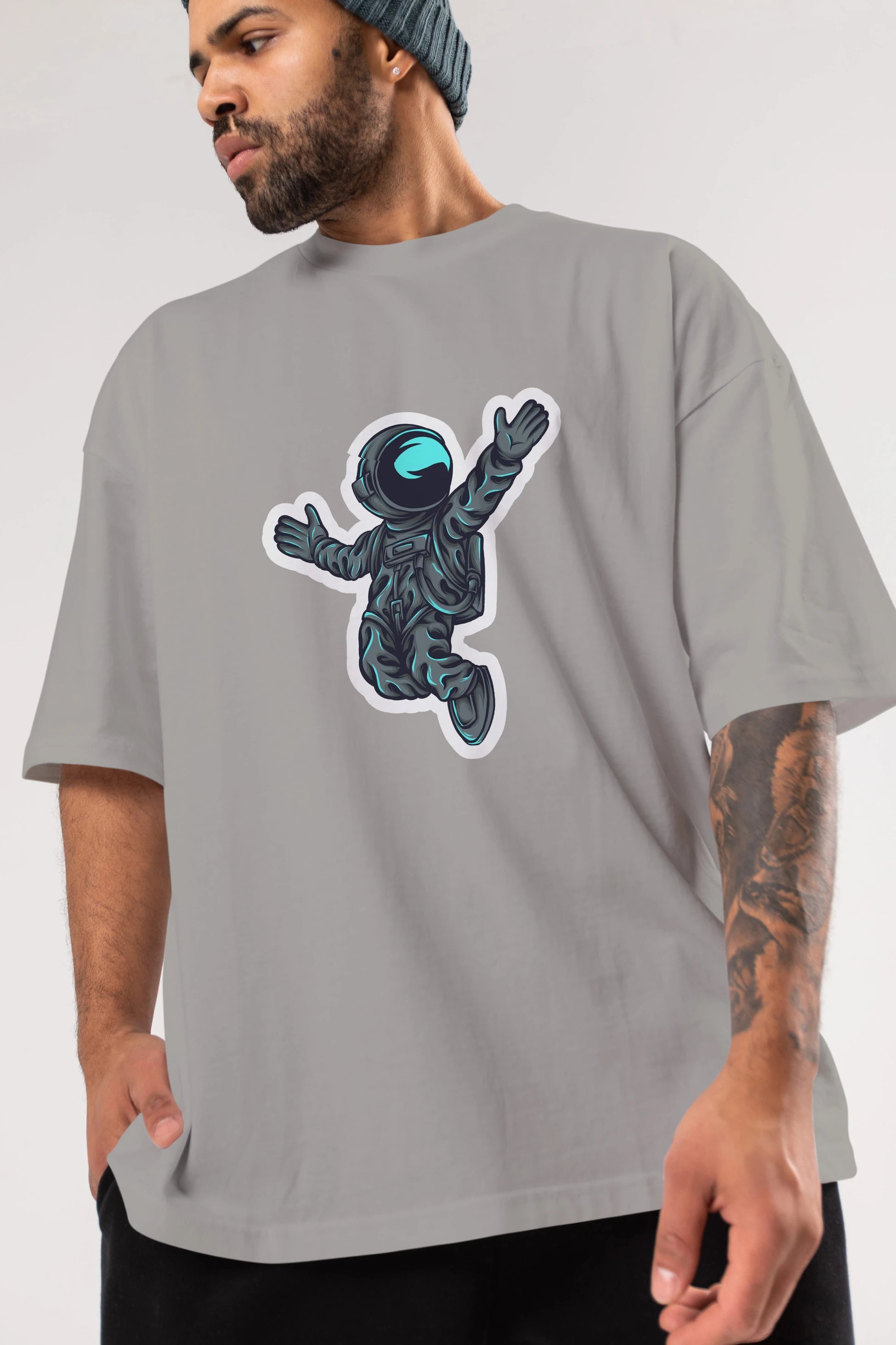 Happy Astronaut Sticker Ön Baskılı Oversize t-shirt Erkek Kadın Unisex