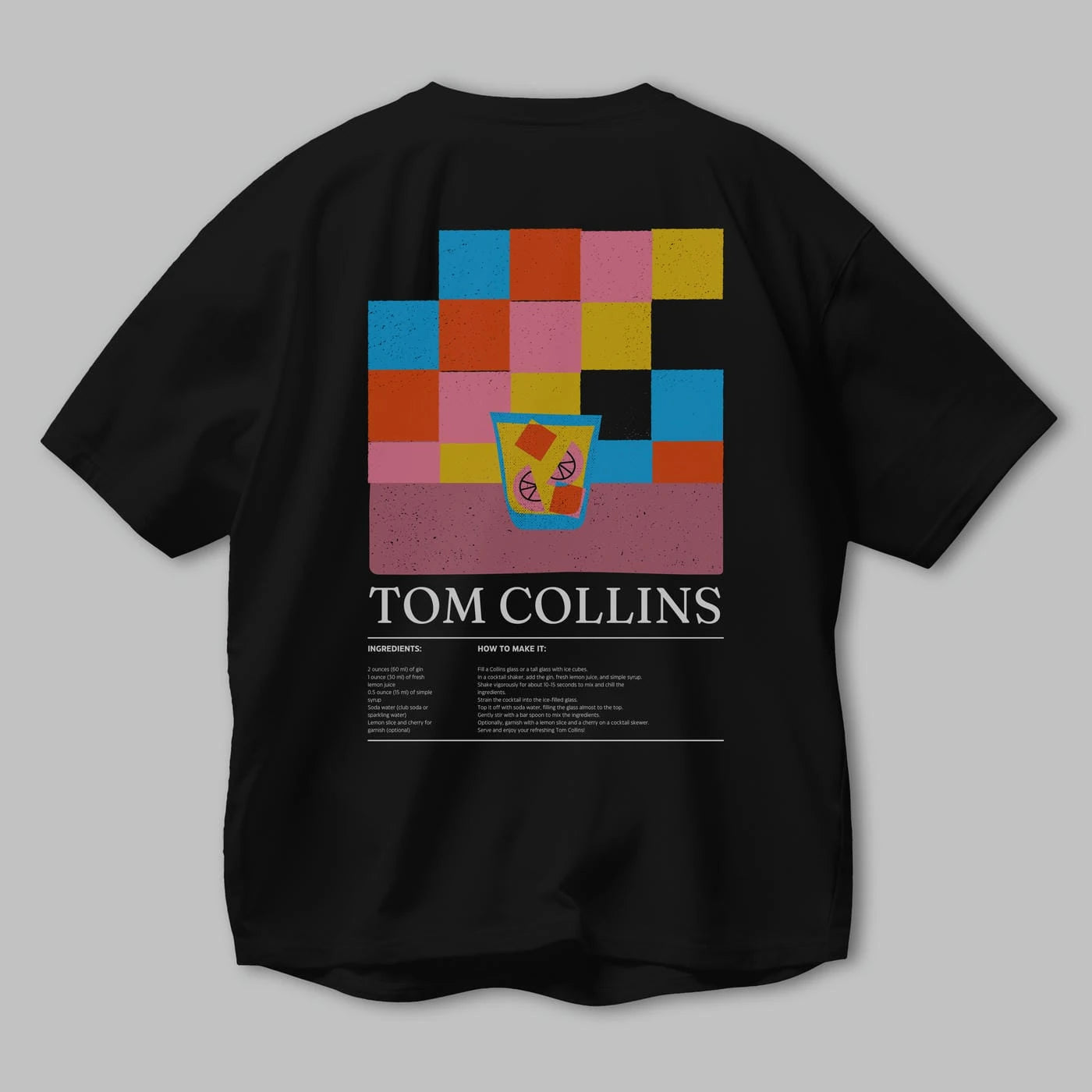 Tom Collins Kokteyl Serisi Arka Baskılı Oversize t-shirt Erkek Kadın %100 Pamuk Bisiklet Yaka tişort