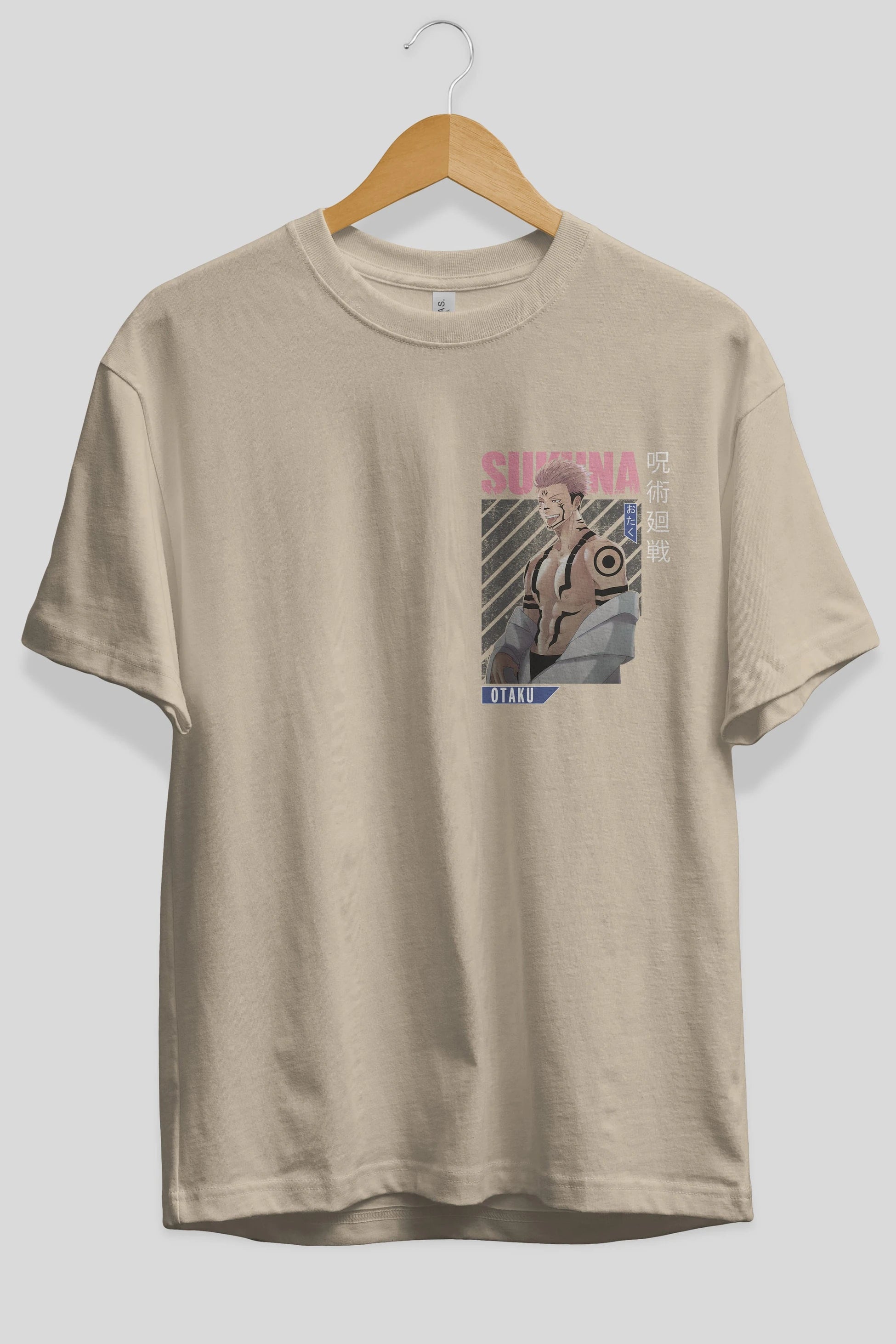 Sukuna Ryoumen Ön Sol Baskılı Oversize t-shirt Erkek Kadın Unisex %100 Pamuk Bisiklet Yaka tişort