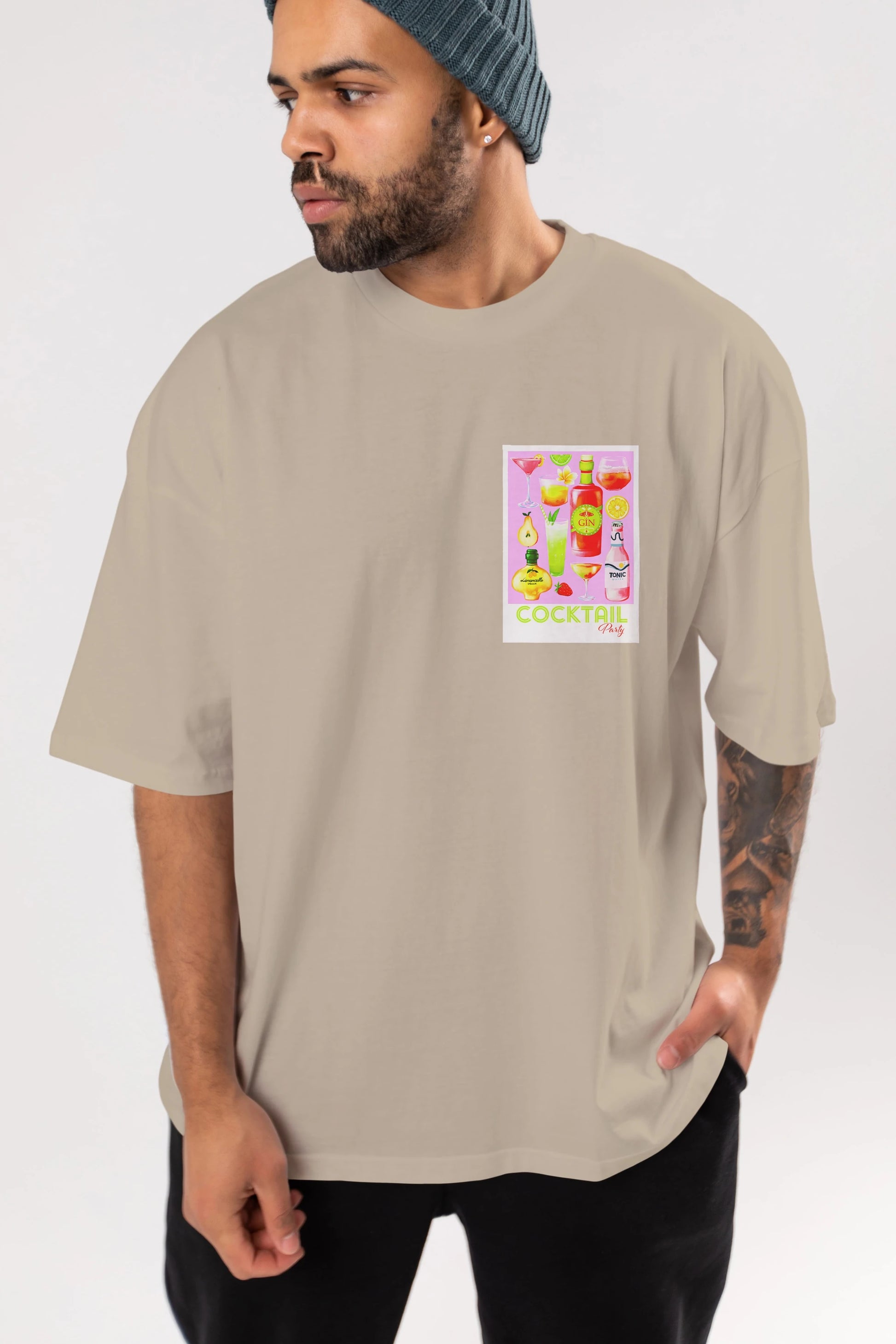 Cocktail Party Ön Sol Baskılı Oversize t-shirt Erkek Kadın Unisex %100 Pamuk Bisiklet Yaka tişort