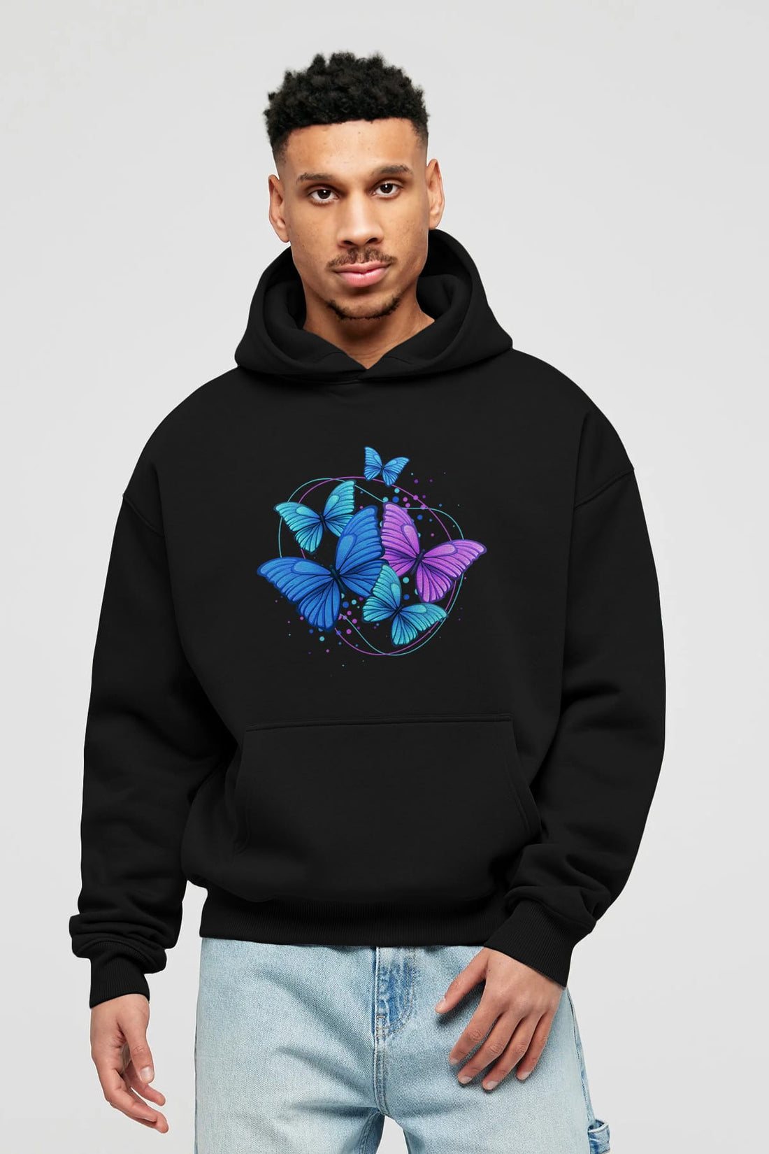 Kelebek Ön Baskılı Oversize Hoodie Kapüşonlu Sweatshirt Erkek Kadın Unisex