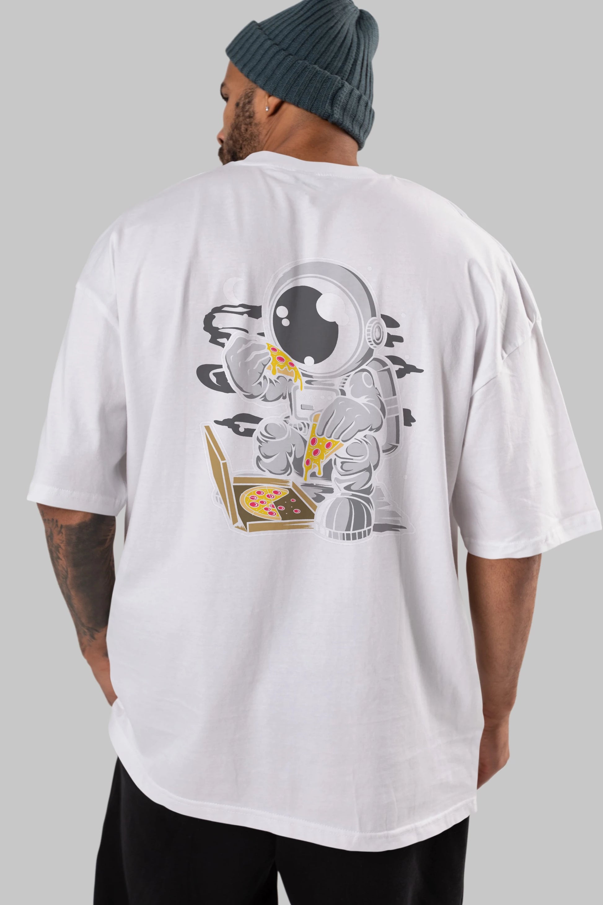 Astronaut Pizza Arka Baskılı Oversize t-shirt Erkek Kadın Unisex