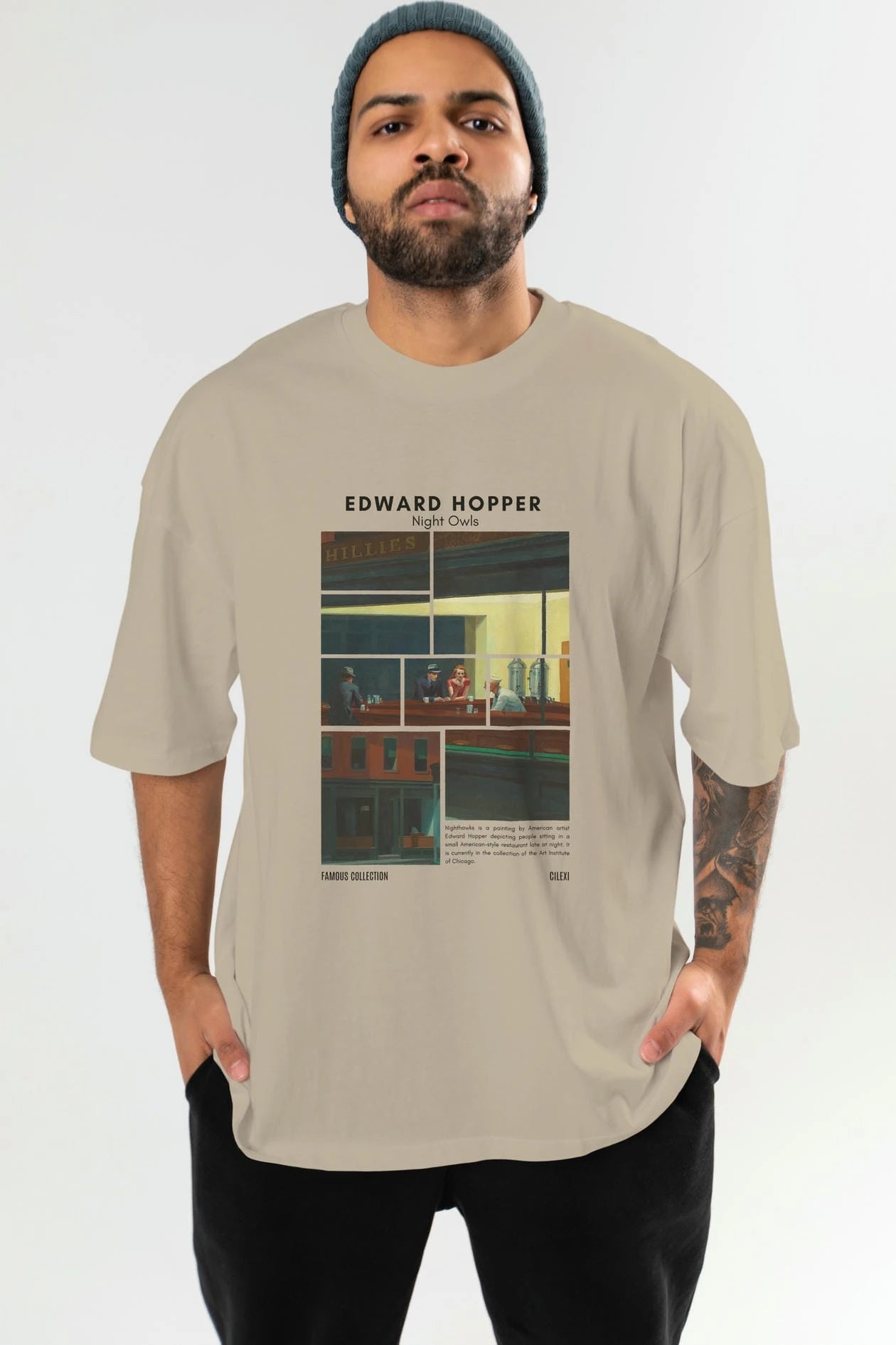 Edward Hopper Night Owls ön Baskılı Oversize t-shirt Erkek Kadın Bisiklet Yaka Pamuk tişort