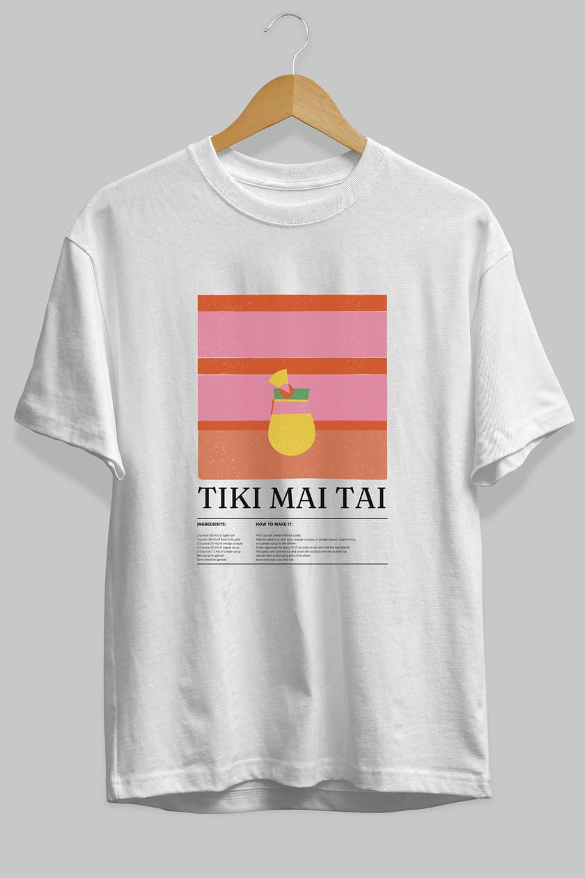 Tiki Mai Tai Kokteyl Ön Baskılı Oversize t-shirt Erkek Kadın %100 Pamuk Bisiklet Yaka tişort