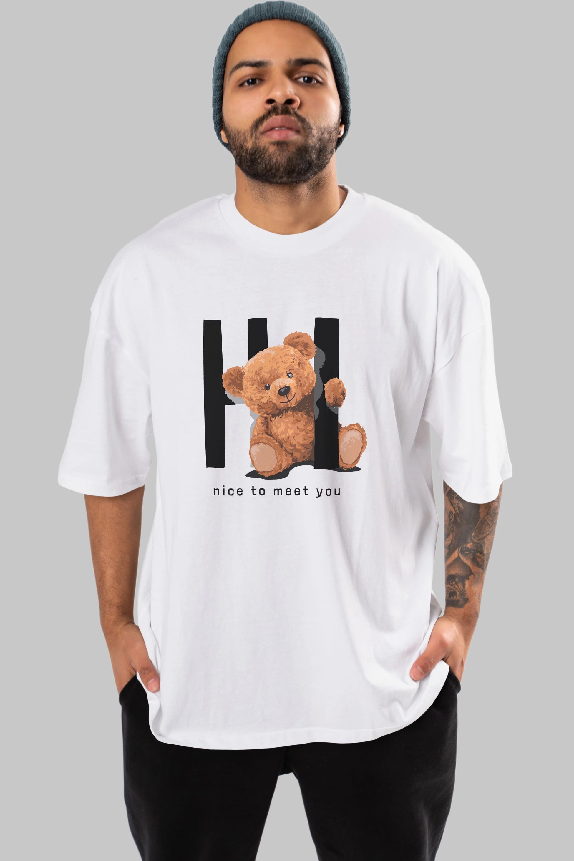 Teddy Bear Hi Nice To Meet You Ön Baskılı Oversize t-shirt Erkek Kadın Unisex %100 Pamuk