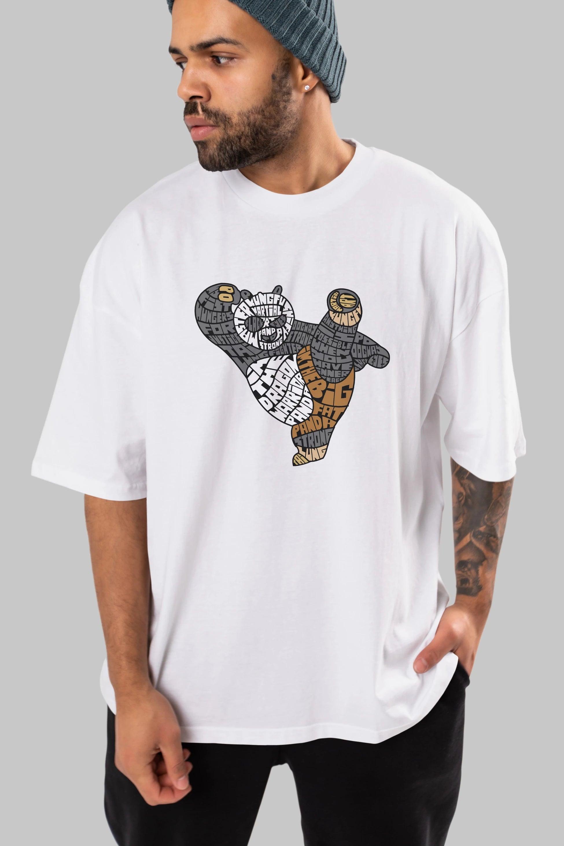 Warrior Panda Ön Baskılı Oversize t-shirt %100 pamuk Erkek Kadın Unisex