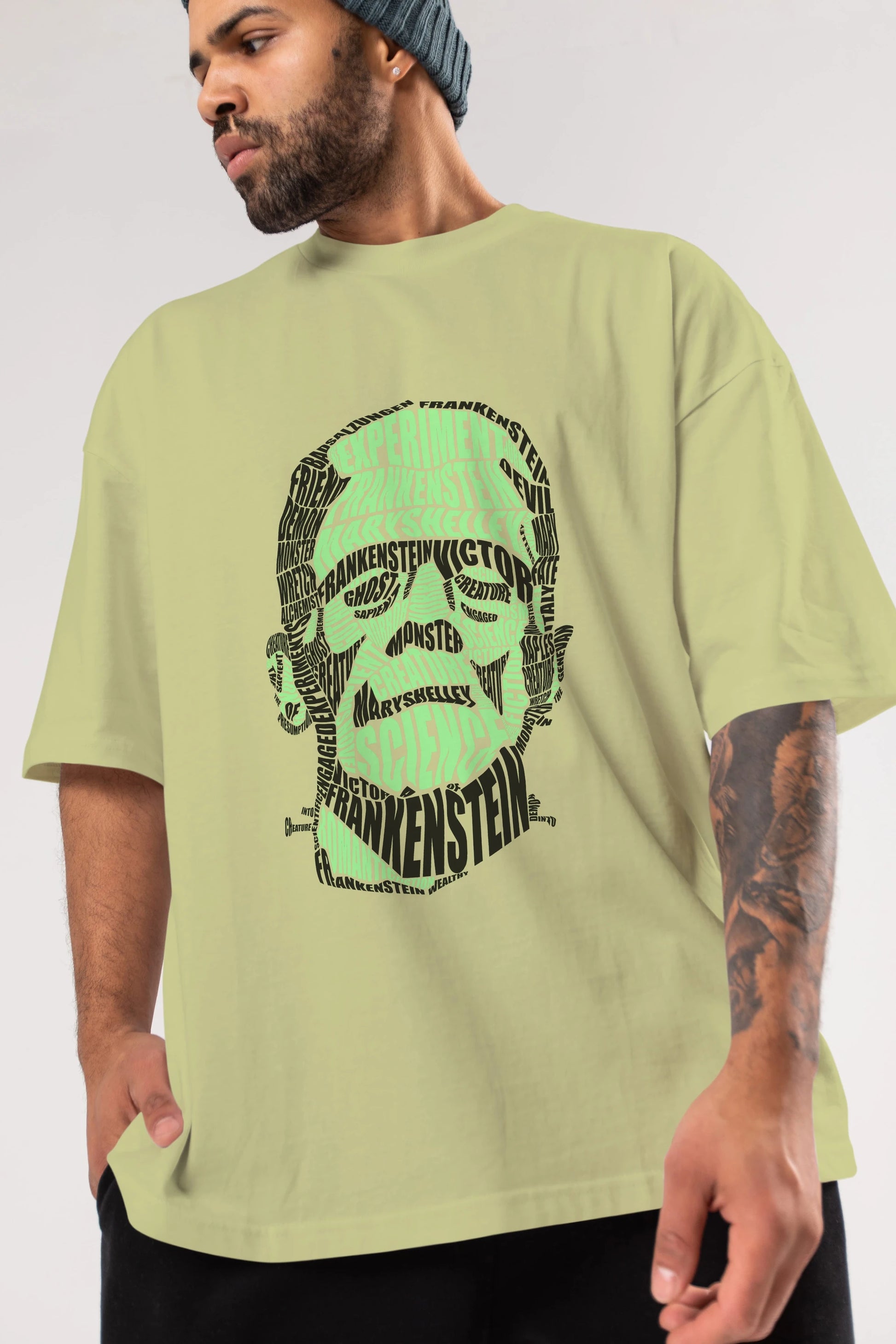 Frankenstein Calligram Ön Baskılı Oversize t-shirt %100 pamuk Erkek Kadın Unisex