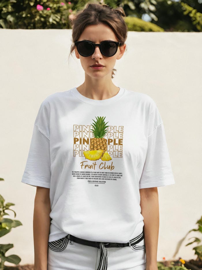 Pineapple Ön Baskılı Oversize t-shirt Erkek Kadın Pamuk Bisiklet Yaka tişort