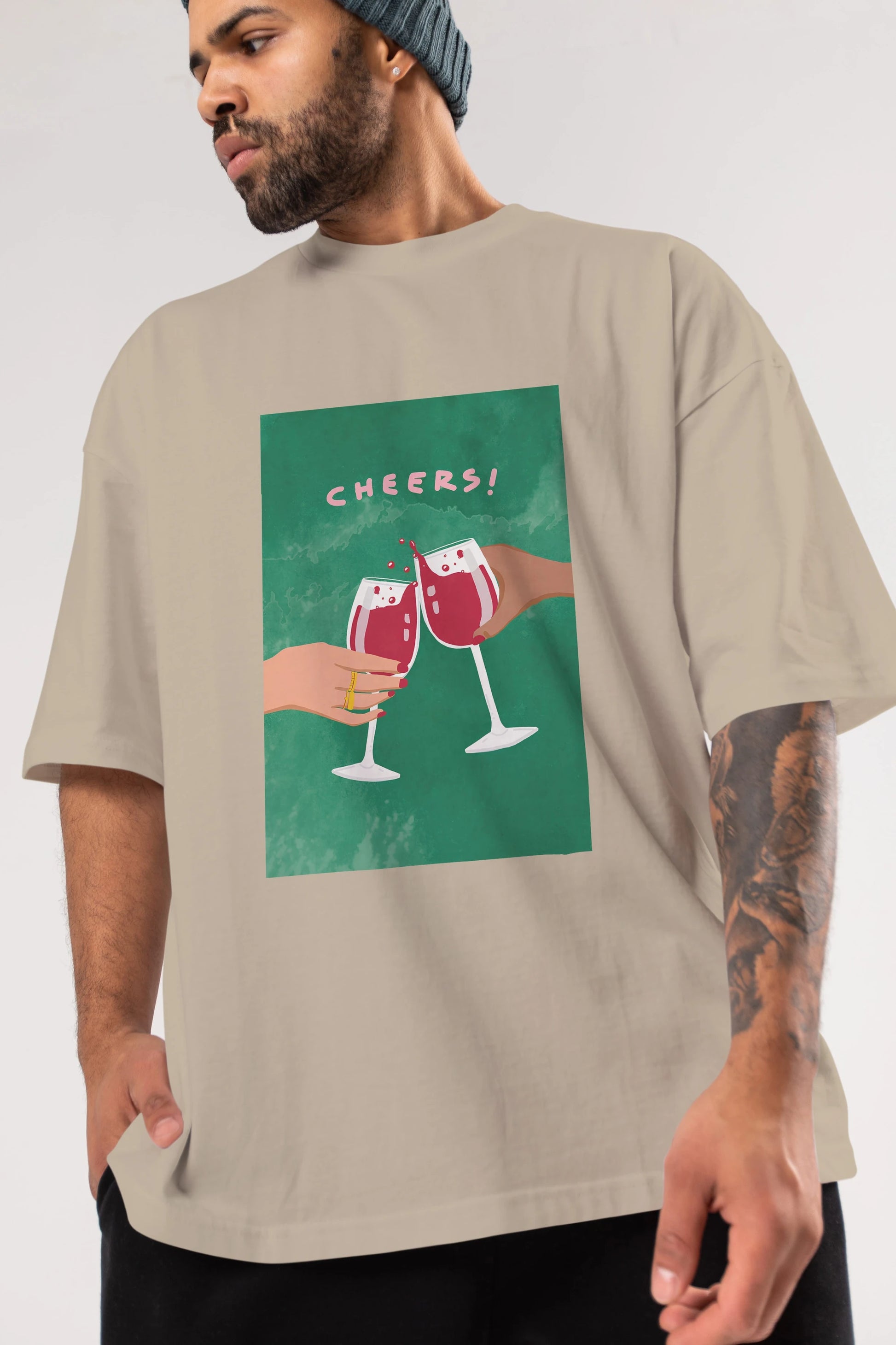 Cheers Ön Baskılı Oversize t-shirt Erkek Kadın Unisex %100 Pamuk Bisiklet Yaka tişort