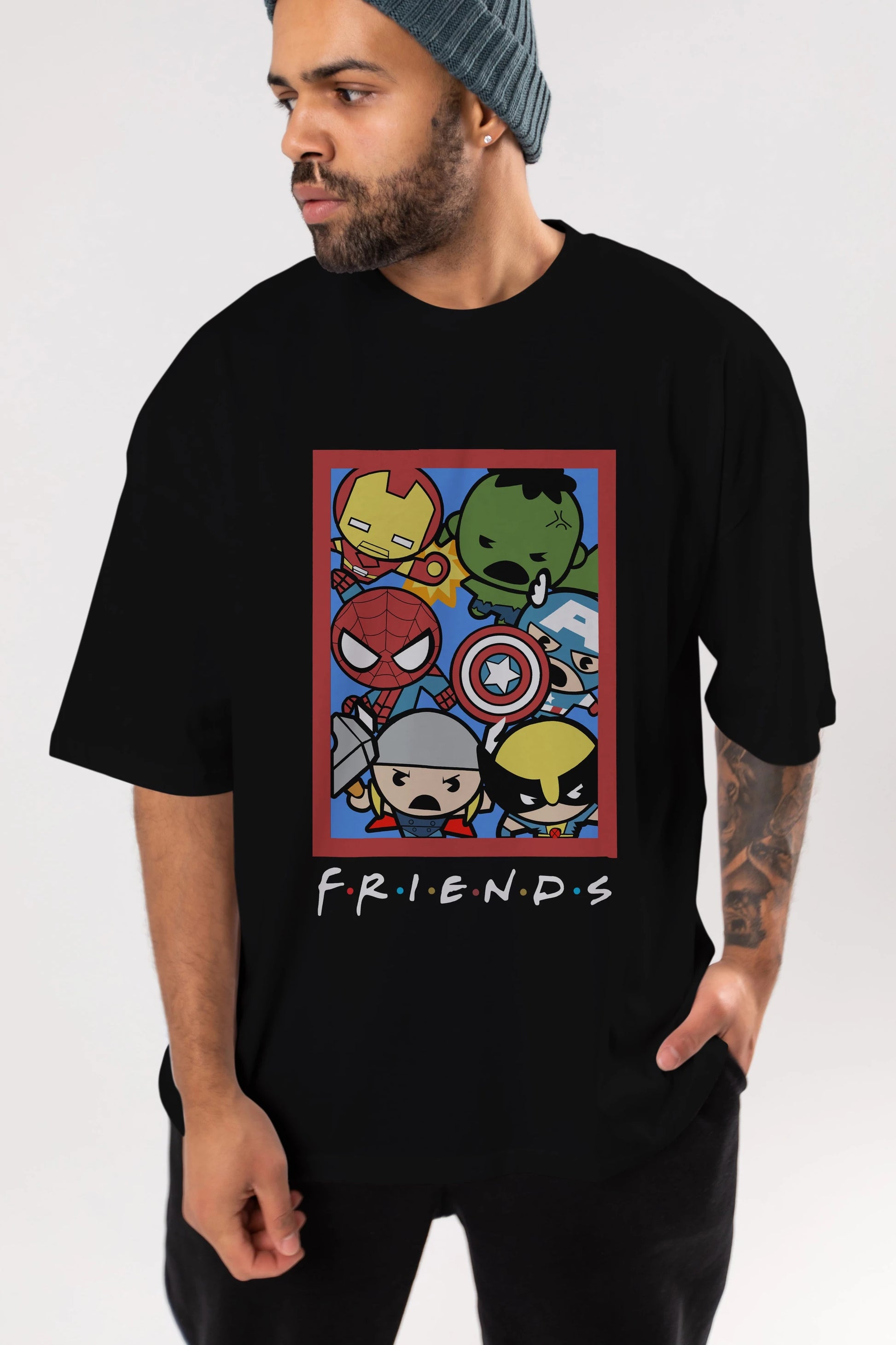 Friends Avenger Ön Baskılı Oversize t-shirt Erkek Kadın Unisex %100 Pamuk Bisiklet Yaka tişort