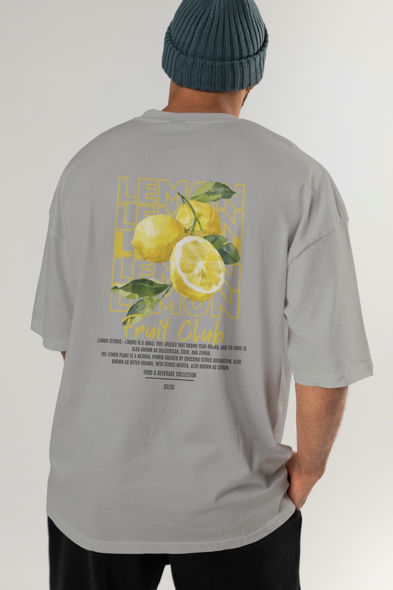 Lemon Arka Baskılı Oversize t-shirt Erkek Kadın Pamuk Bisiklet Yaka tişort