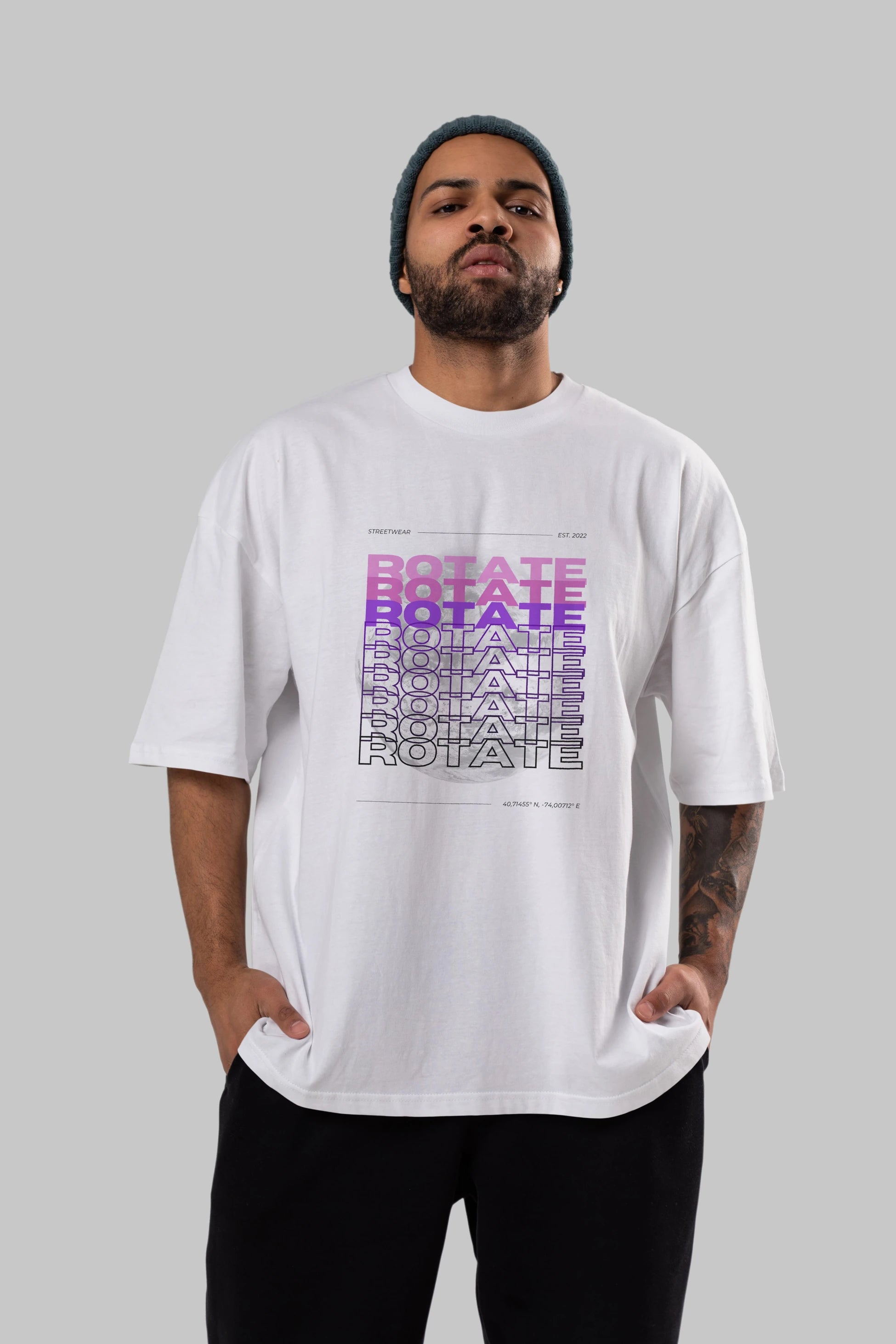 Rotate Yazılı Ön Baskılı Oversize t-shirt Erkek Kadın Unisex