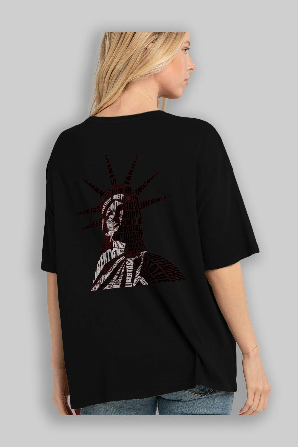 Liberty Statue Calligram Arka Baskılı Oversize t-shirt %100 pamuk Erkek Kadın Unisex