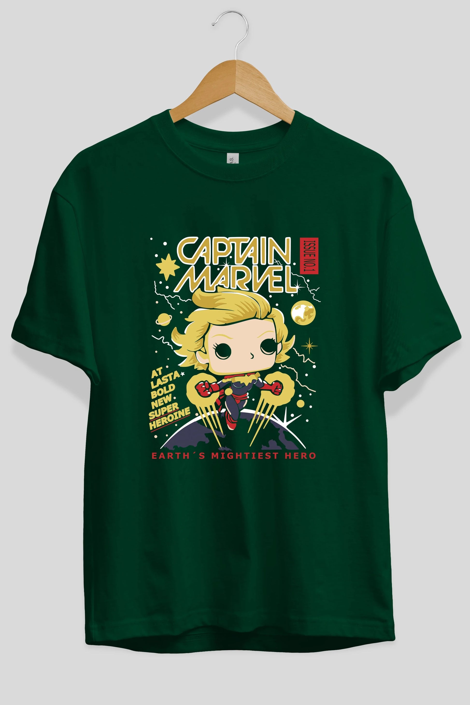 Captain Marvel Ön Baskılı Oversize t-shirt Erkek Kadın Unisex %100 Pamuk Bisiklet Yaka tişort