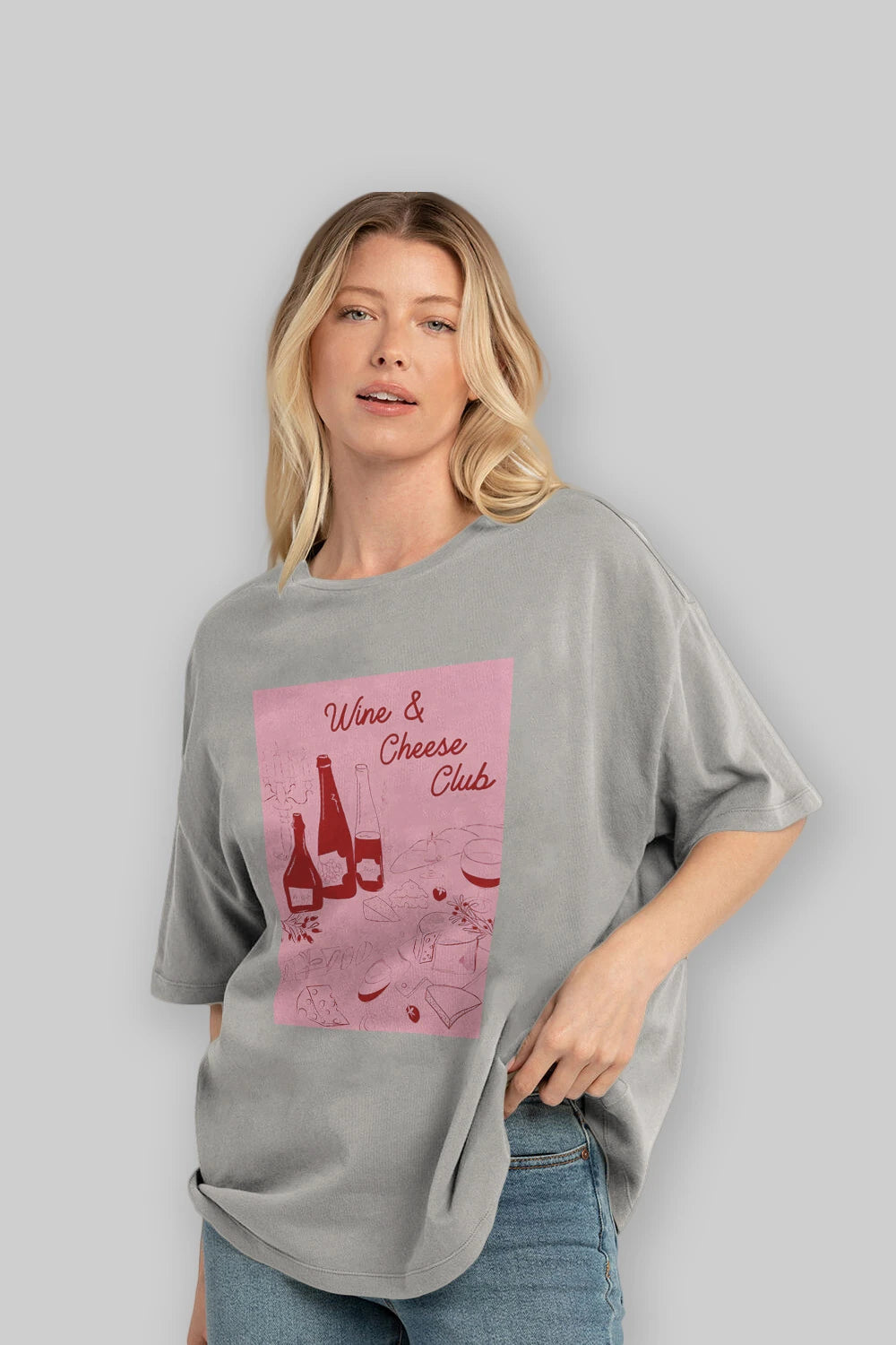 Wine Cheese Club Ön Baskılı Oversize t-shirt Erkek Kadın Unisex %100 Pamuk Bisiklet Yaka tişort