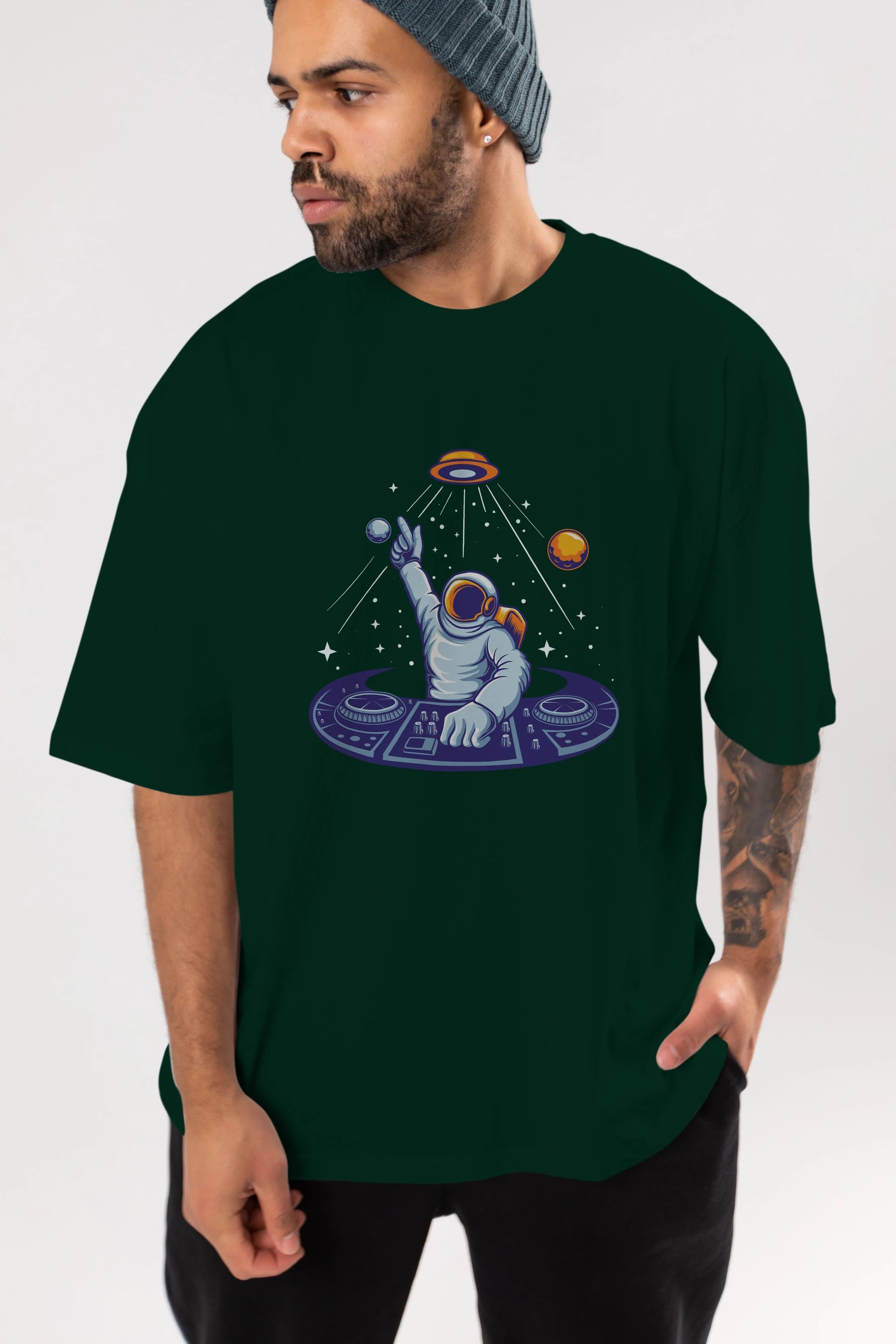Astronaut Disk Jockey Party Ön Baskılı Oversize t-shirt Erkek Kadın Unisex