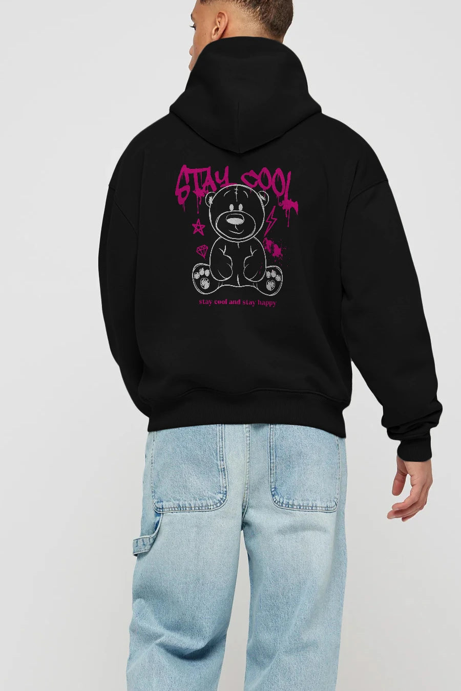 Teddy Bear Stay Cool Arka Baskılı Hoodie Oversize Kapüşonlu Sweatshirt Erkek Kadın Unisex