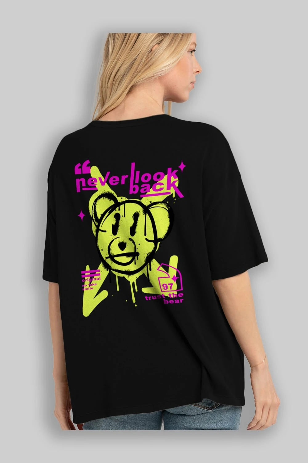 Never Look Back Bear Arka Baskılı Oversize t-shirt Erkek Kadın Unisex