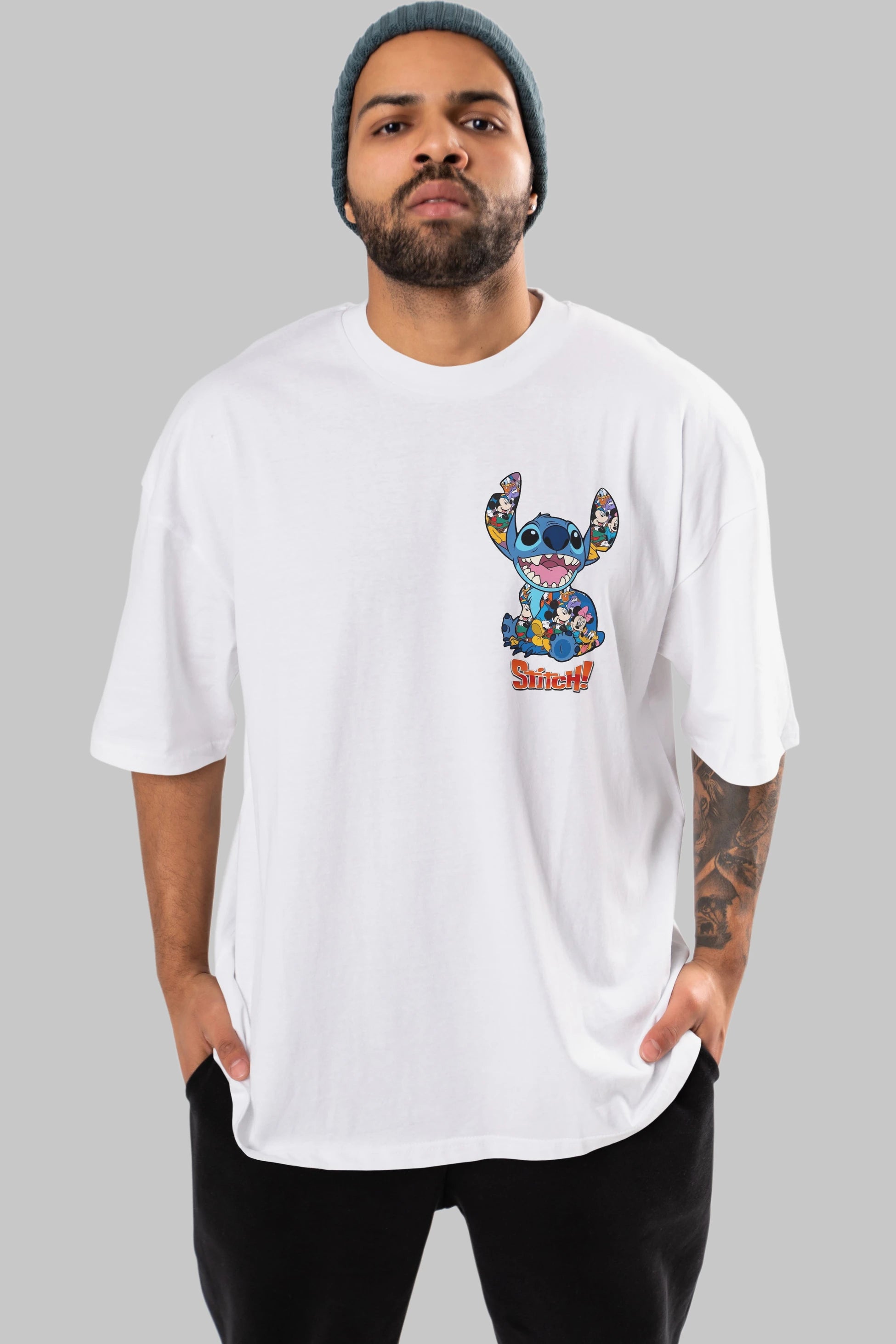 Stitch Ön Sol Baskılı Oversize t-shirt Erkek Kadın Unisex %100 Pamuk Bisiklet Yaka tişort