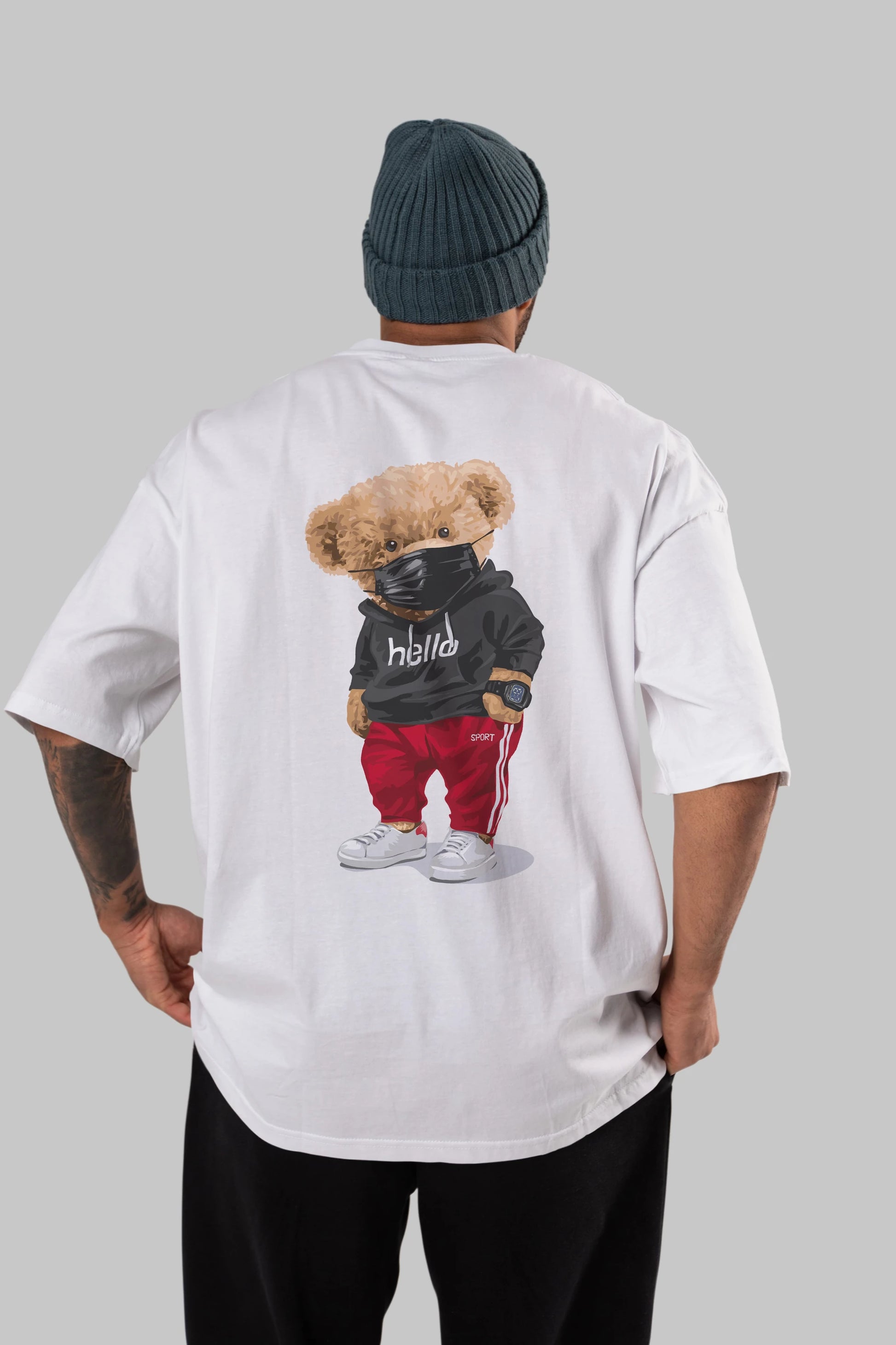 Teddy Bear Hello Sport Arka Baskılı Oversize t-shirt Erkek Kadın Unisex %100 Pamuk
