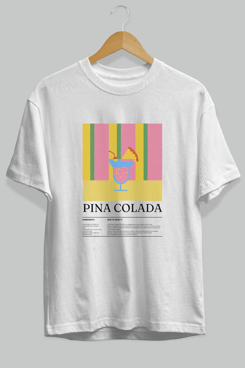 Pina Colada Kokteyl Ön Baskılı Oversize t-shirt Erkek Kadın %100 Pamuk Bisiklet Yaka tişort