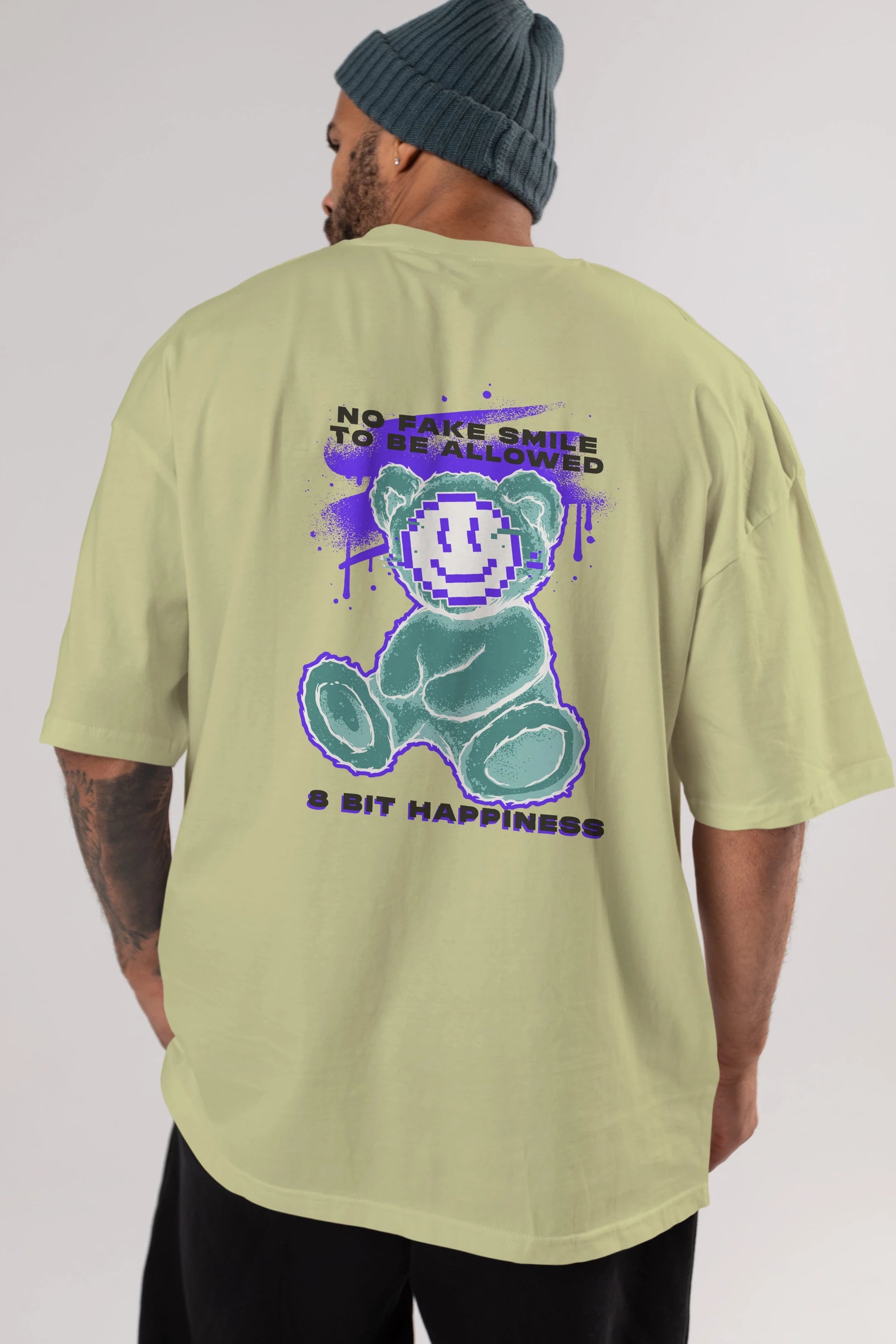 No Fake Smile Bear Arka Baskılı Oversize t-shirt Erkek Kadın Unisex