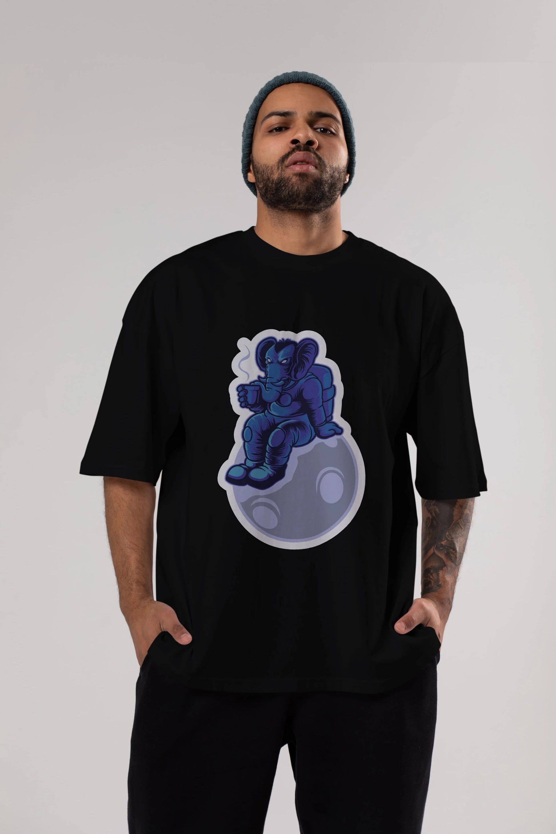 Space Elephant Drink Coffee Sticker Ön Baskılı Oversize t-shirt Erkek Kadın Unisex