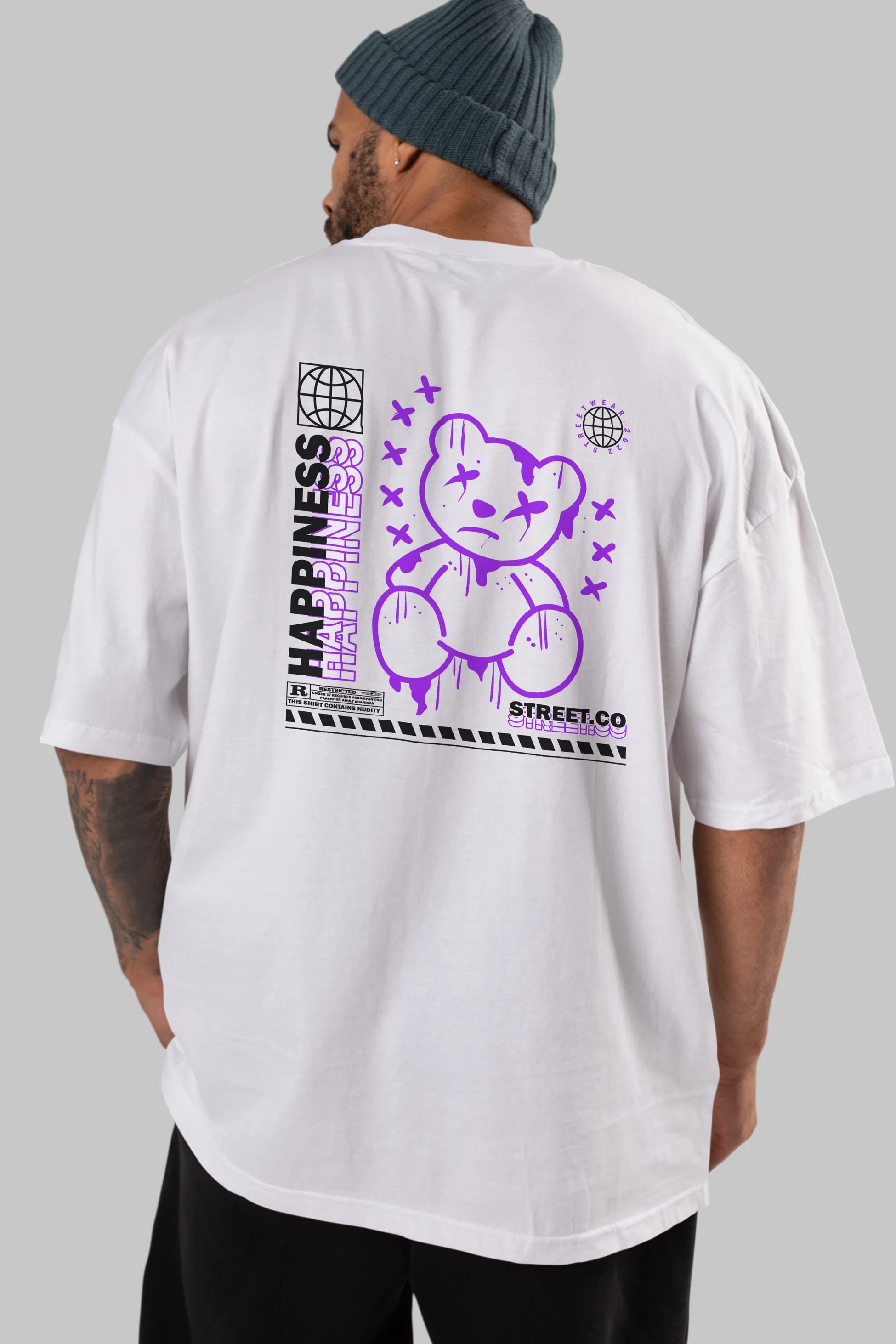 Happiness Bear 3 Arka Baskılı Oversize t-shirt Erkek Kadın Unisex