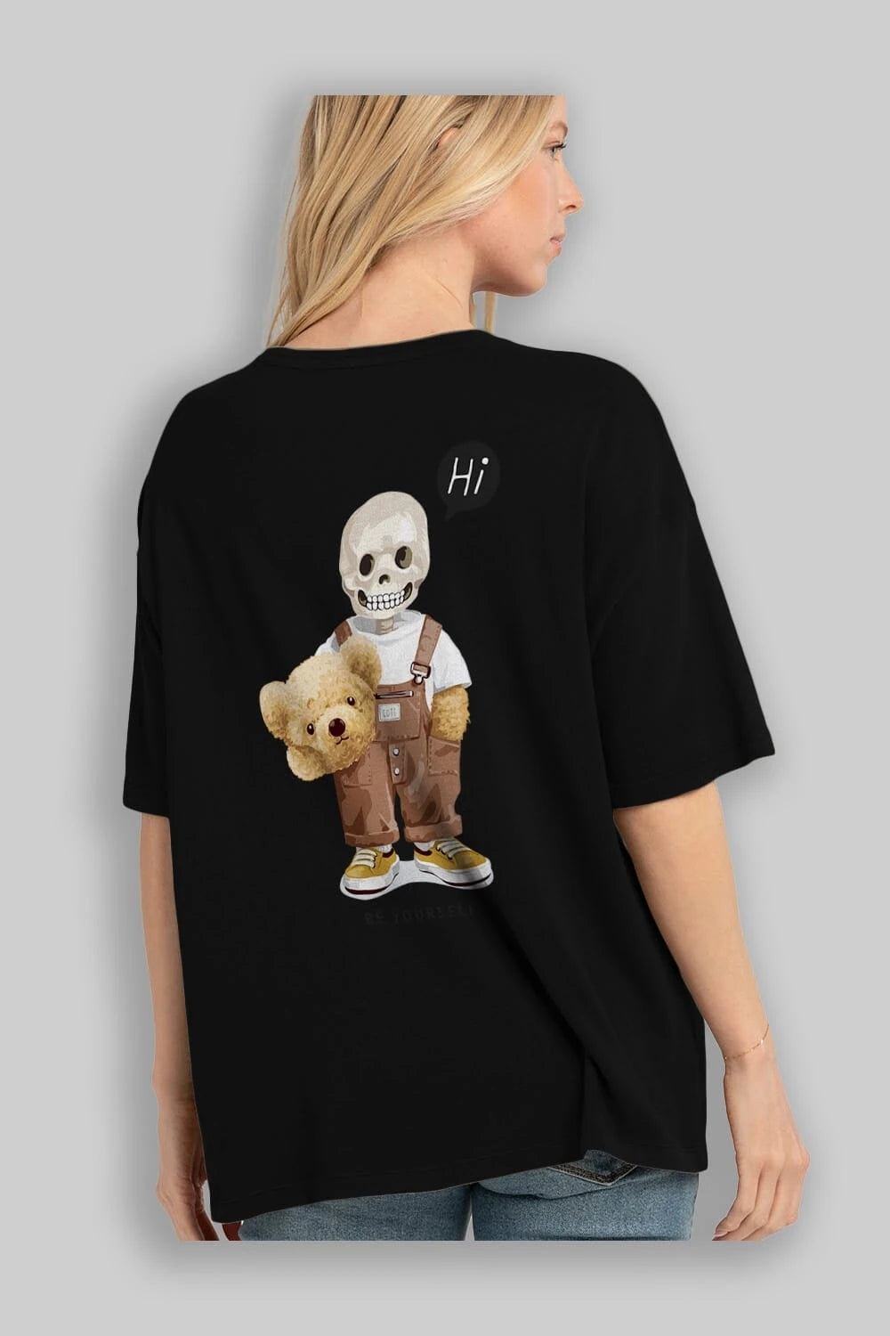 Teddy Bear hi Arka Baskılı Oversize t-shirt Erkek Kadın Unisex %100 Pamuk