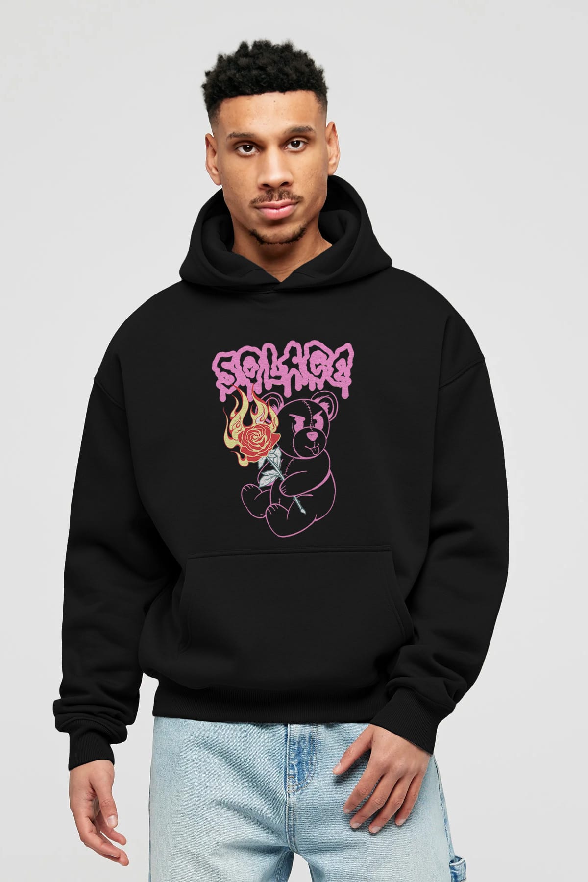 Solage Bear Ön Baskılı Hoodie Oversize Kapüşonlu Sweatshirt Erkek Kadın Unisex