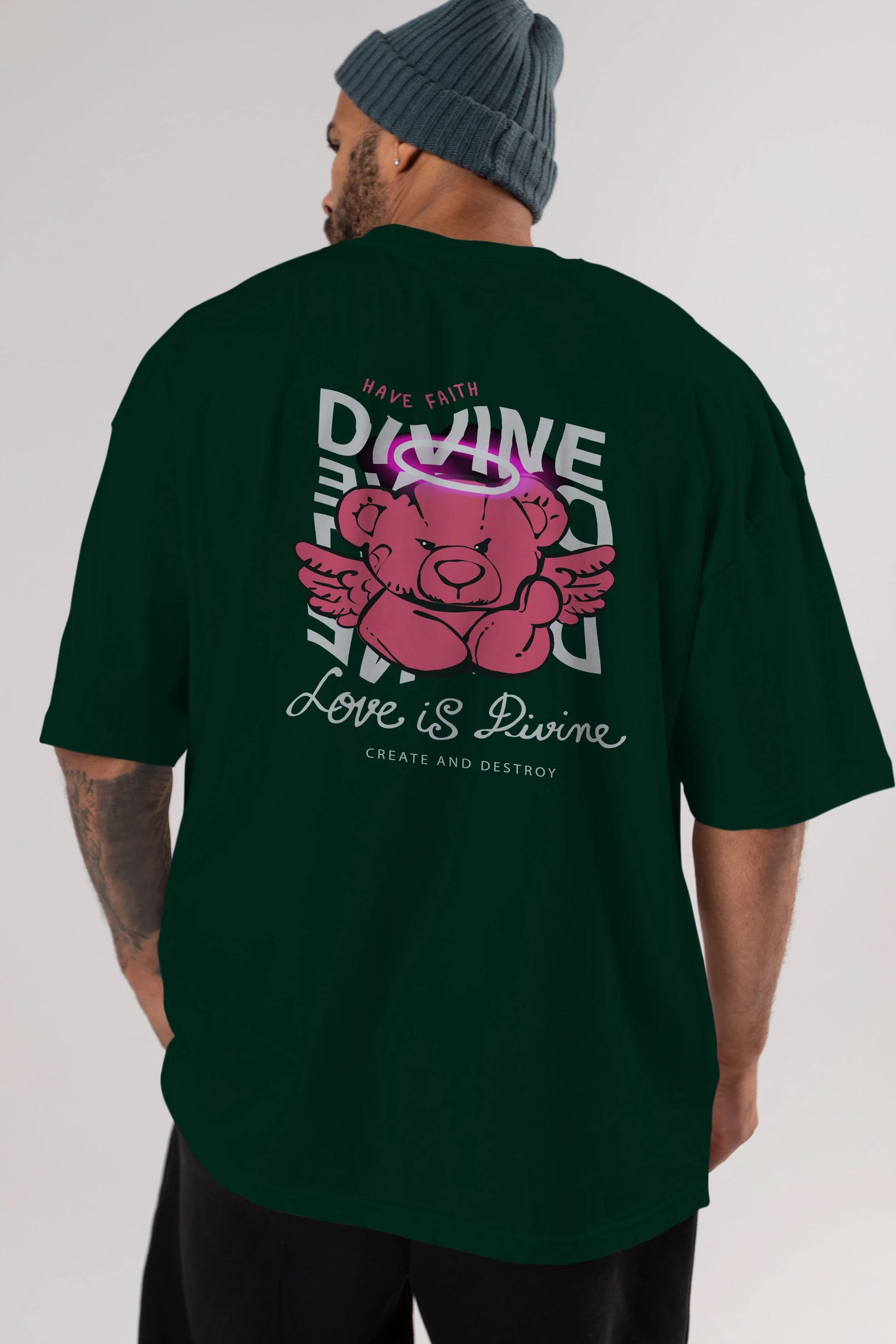 Love is Divine Bear Arka Baskılı Oversize t-shirt Erkek Kadın Unisex