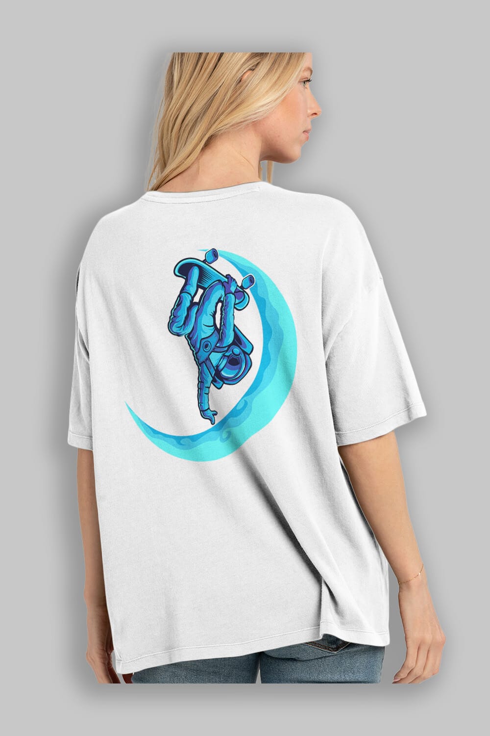 Skating on the moon Arka Baskılı Oversize t-shirt Erkek Kadın Unisex