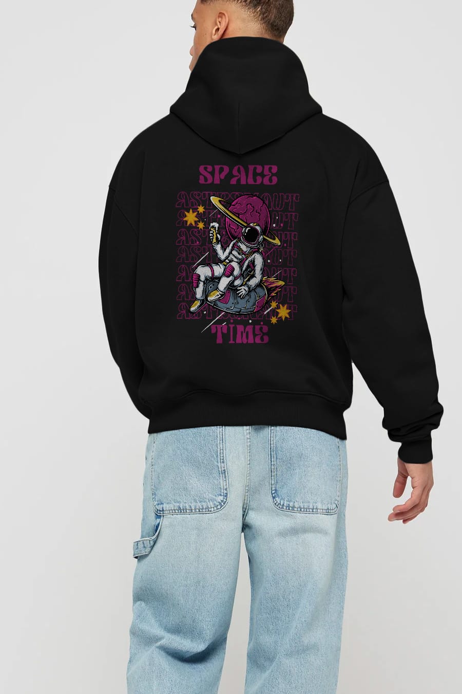 Space Time Astronaut Yazılı Arka Baskılı Oversize Hoodie Kapüşonlu Sweatshirt Erkek Kadın Unisex
